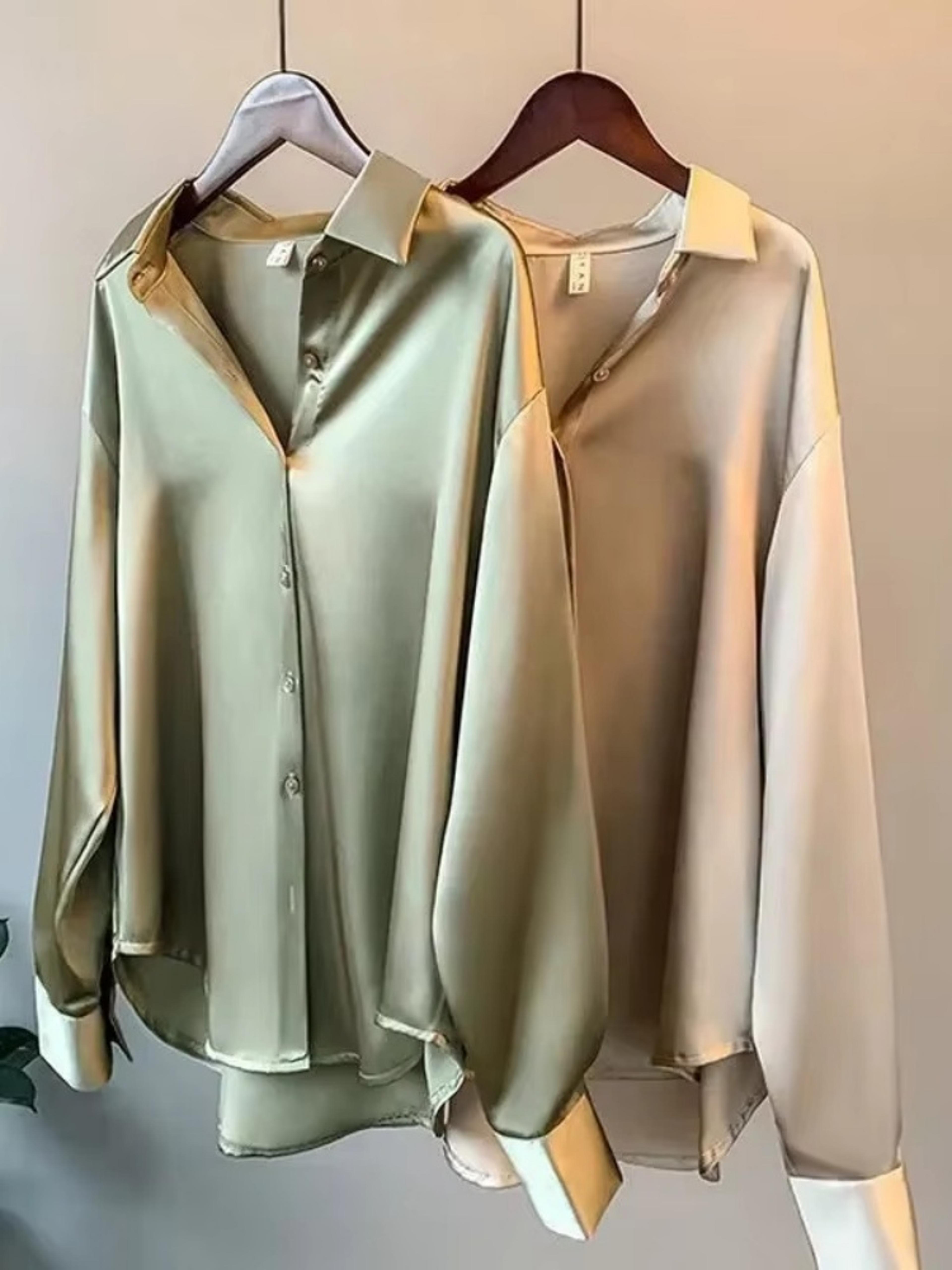 turn-down collar ladies blouse autumn, elegant satin loose women shirt spring vintage casual button silk tops