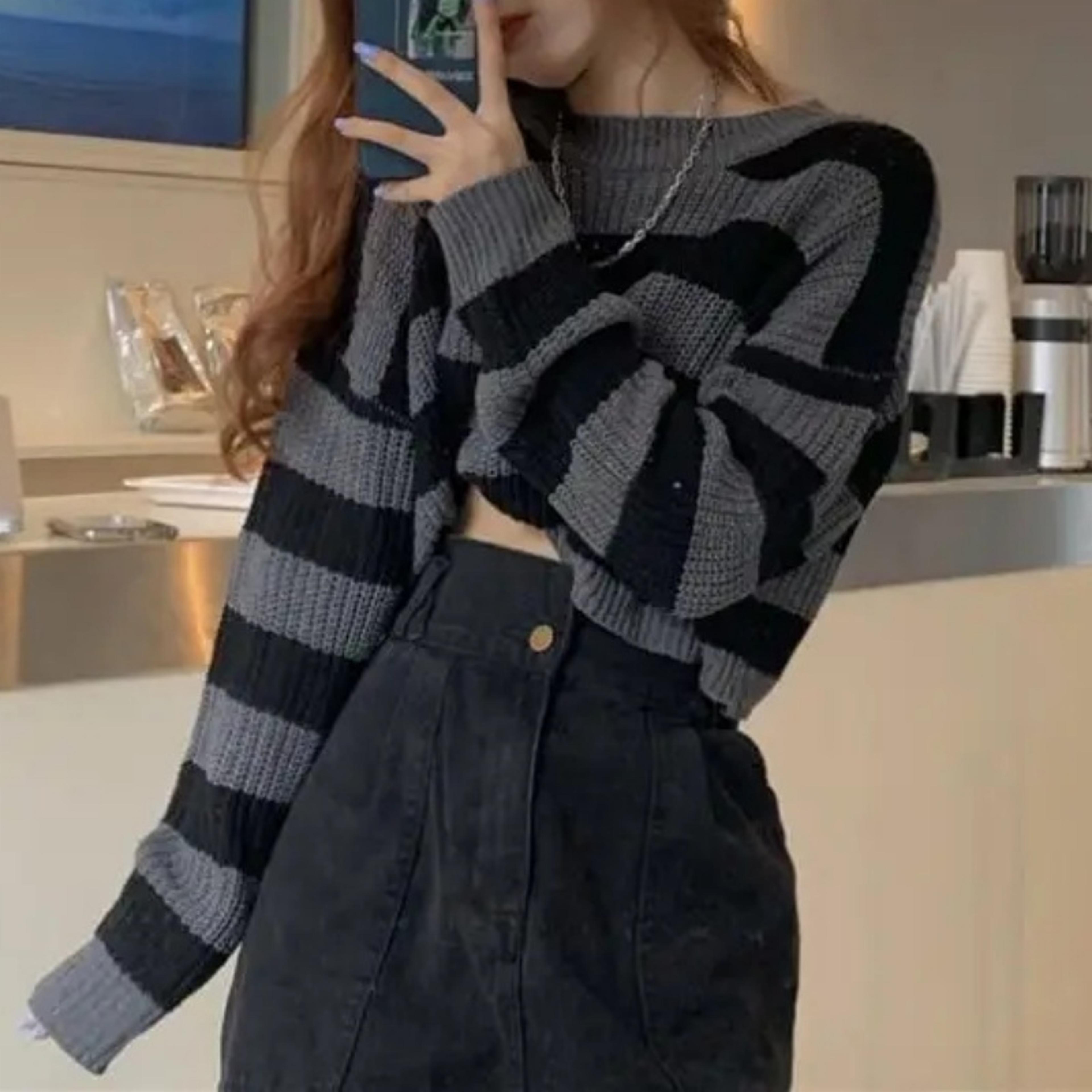 vintage oversize knit jumper female, korean style striped cropped sweater, autumn long sleeve o-neck pullover tops