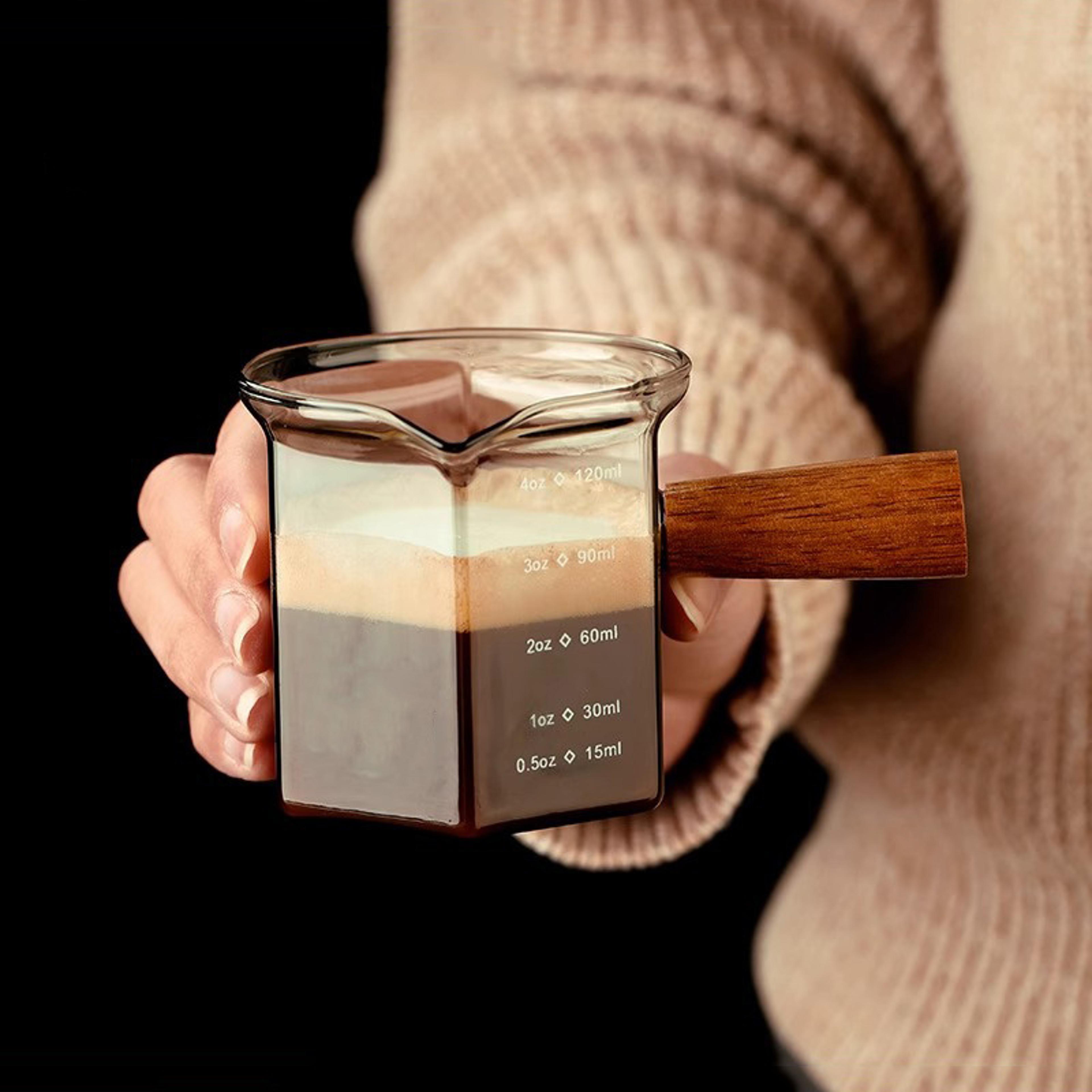 glass coffee cup with scale, wooden handle single mouth latte milk jug extraction cups ounce measuring cup