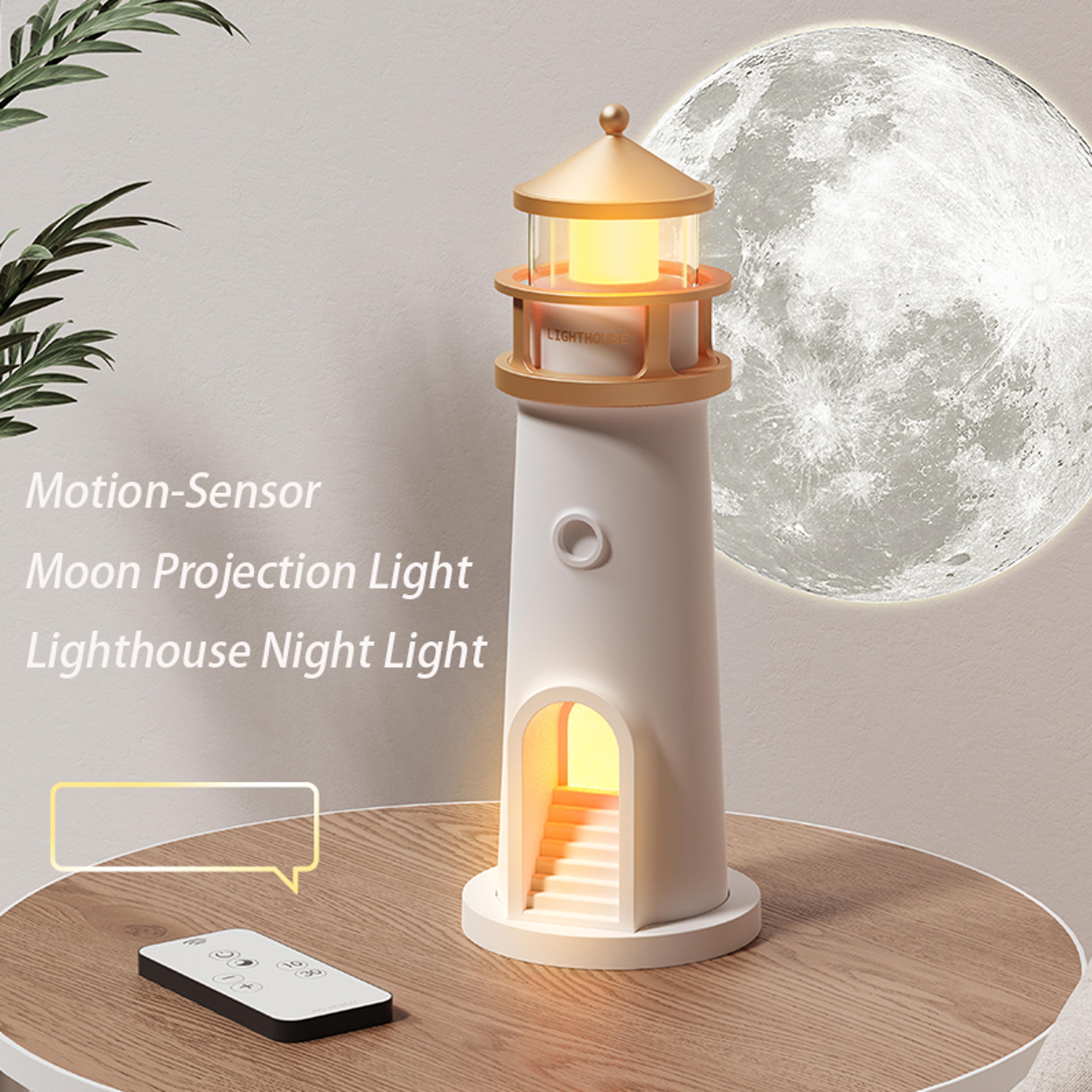 lighthouse lamp night light with motion sensor, bluetooth music, remote control, and moon projection for ambient decor
