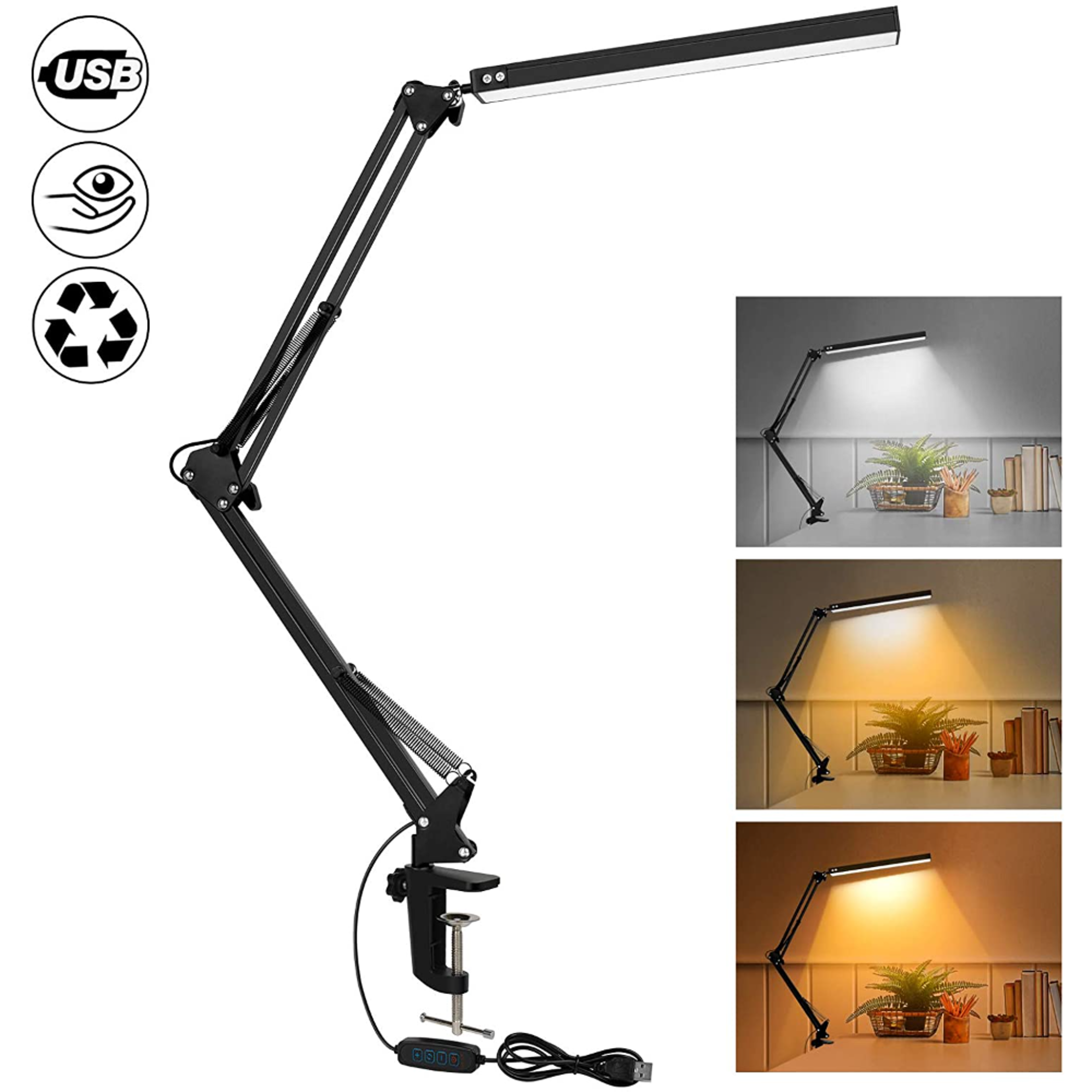 eye-caring dimmable desk light, led desk lamp with clamp swing arm, brightness levels, usb charging modes