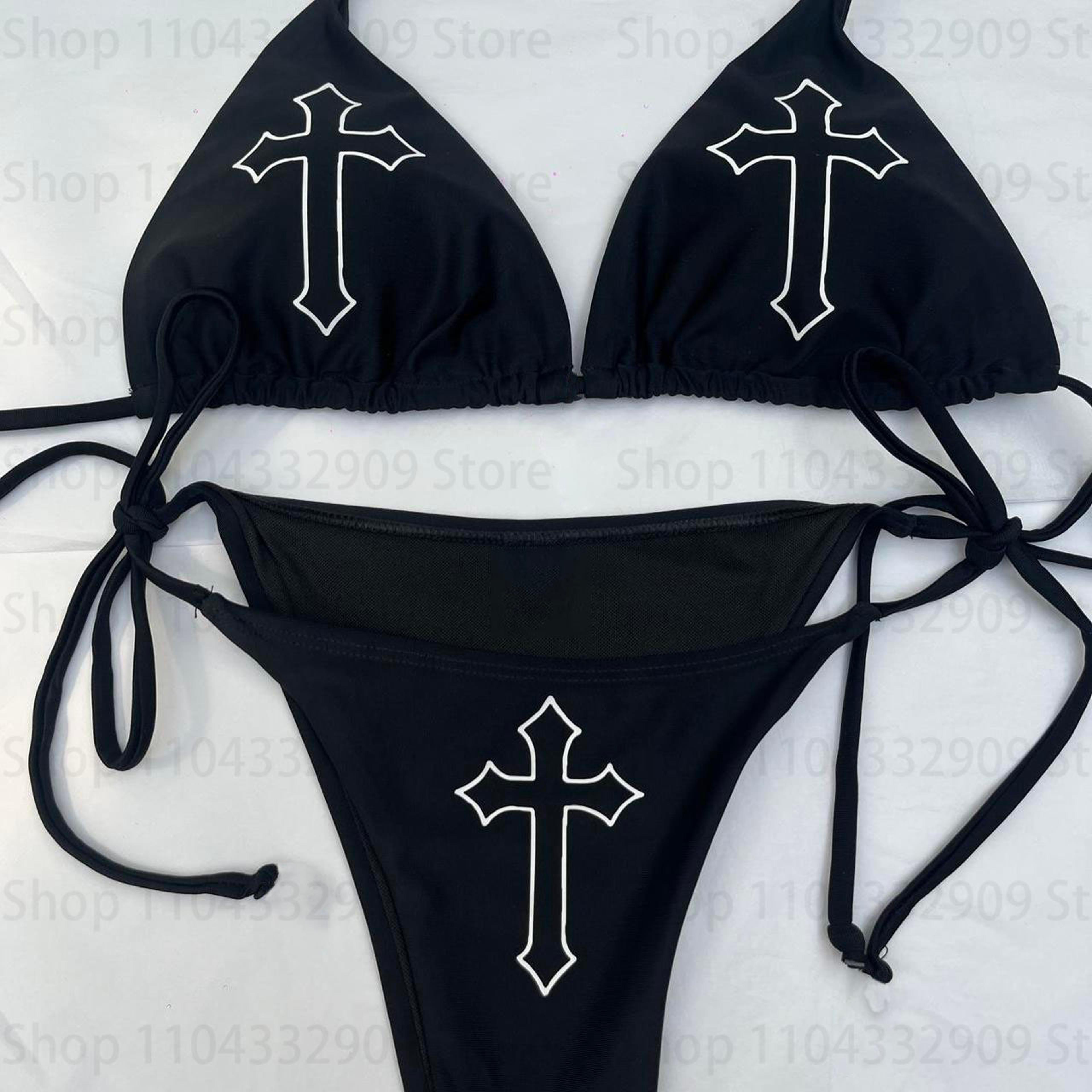punk print gothic bathing suit for women, star design thong bikini set