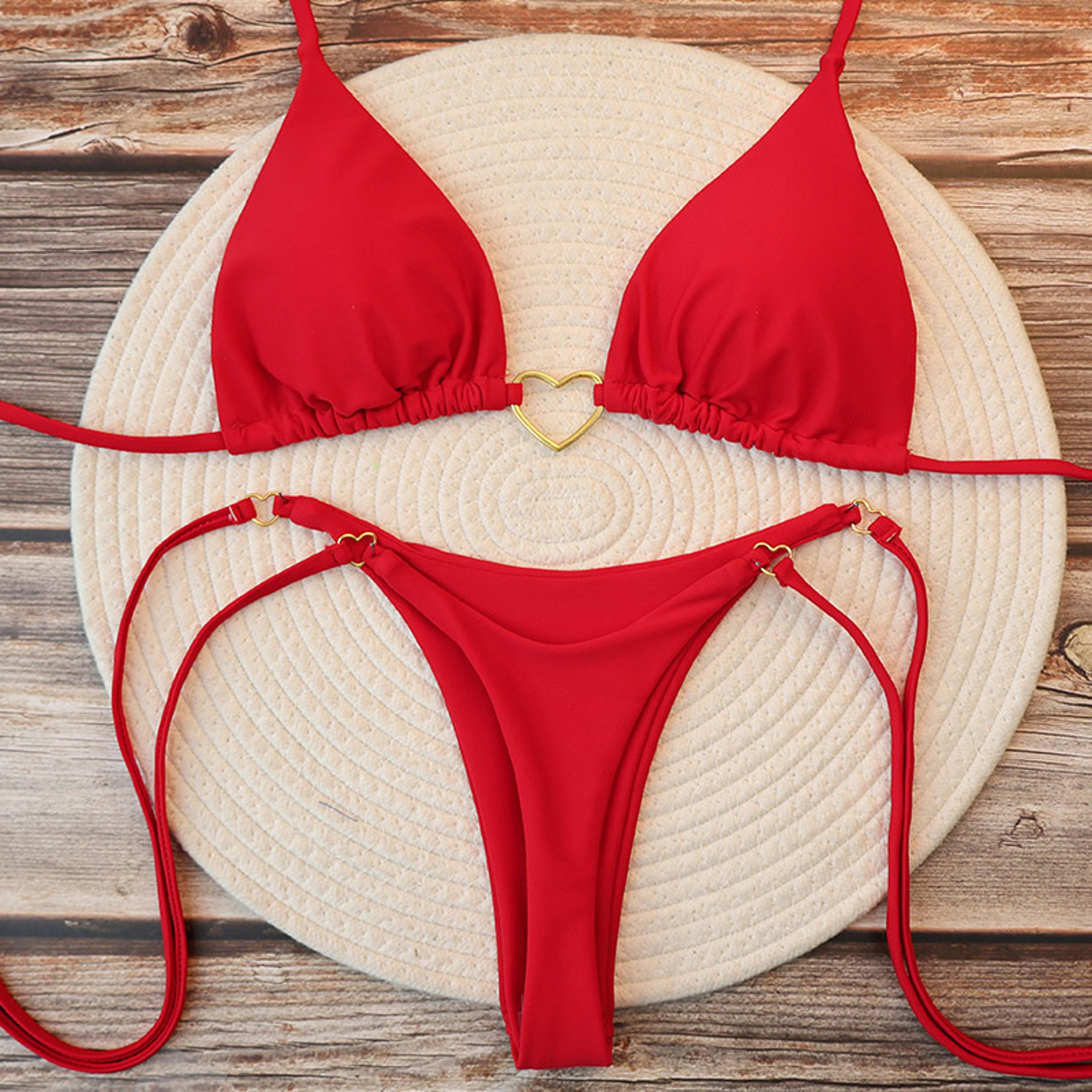 halter triangle top, two-piece swimsuit, heart bathing suit, thong bottom for summer beach swimwear