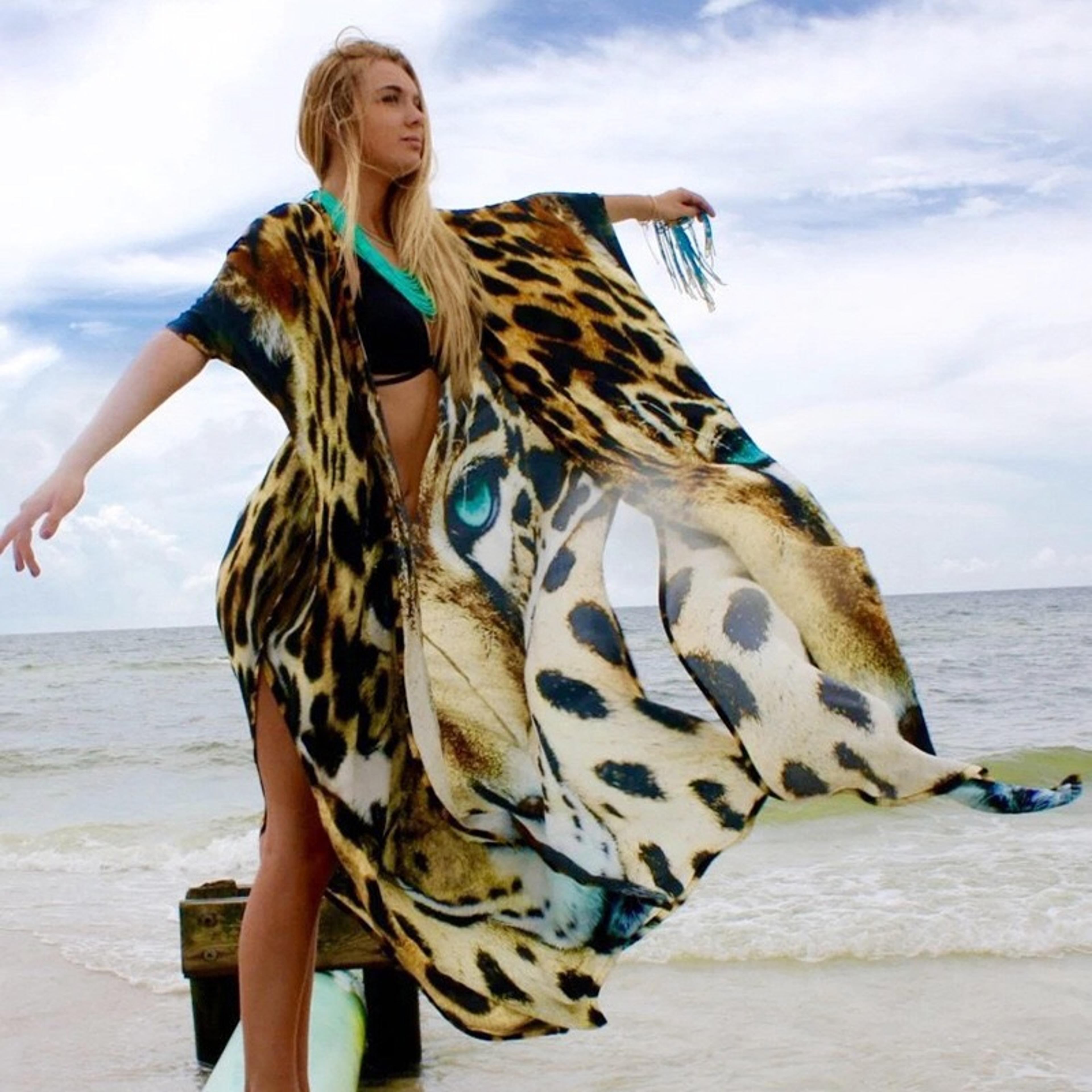 plage swimsuit cover up, tiger pattern print kimono robe, boho loose long dress