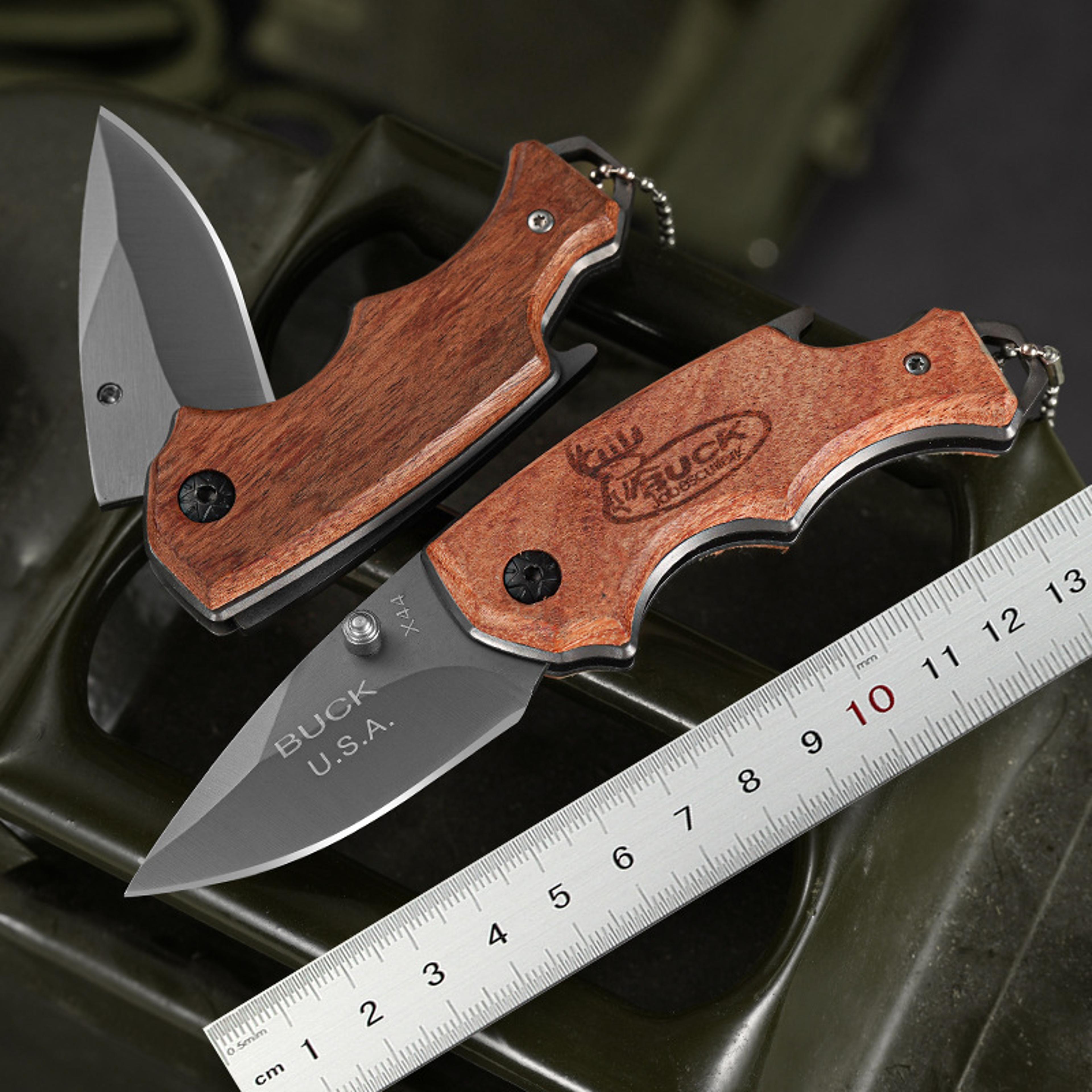 portable folding knife with solid wood handle, multifunctional knife for camping and outdoor use