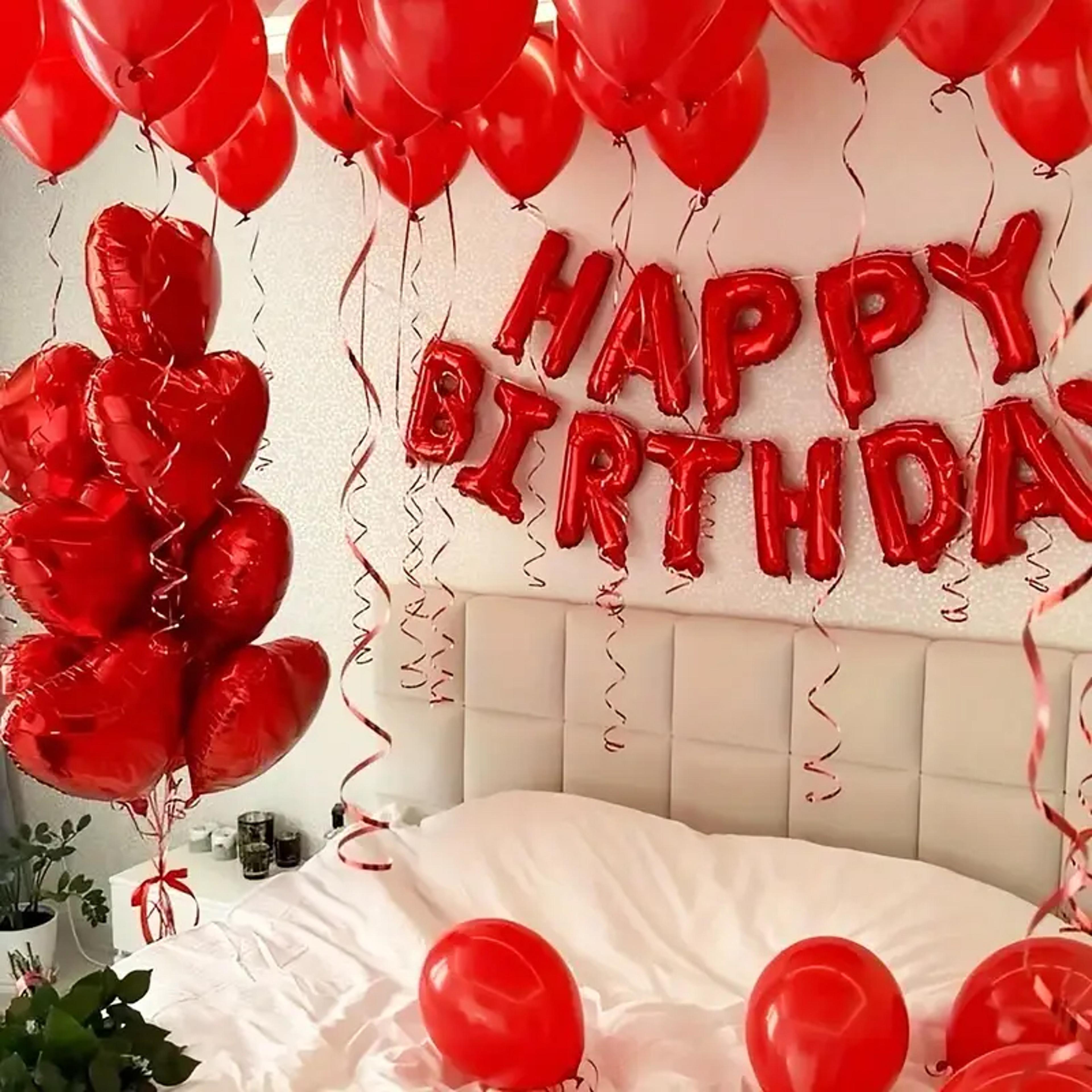 red heart-shaped aluminum foil balloon set, birthday party decoration with letter banner and rose petals