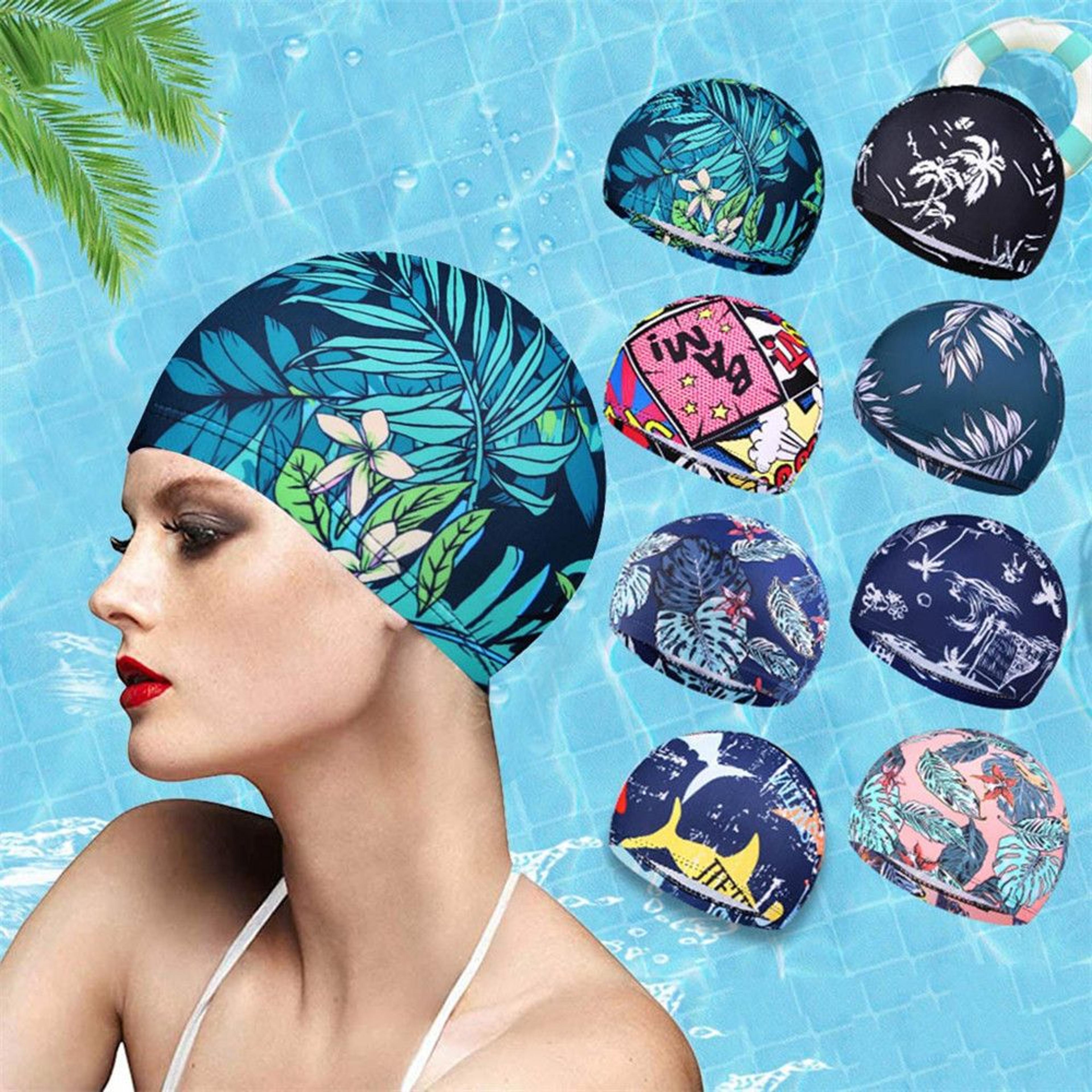 elastic nylon turban swimming cap, flowers printed long hair cap, men women pool bathing hat sports accessory