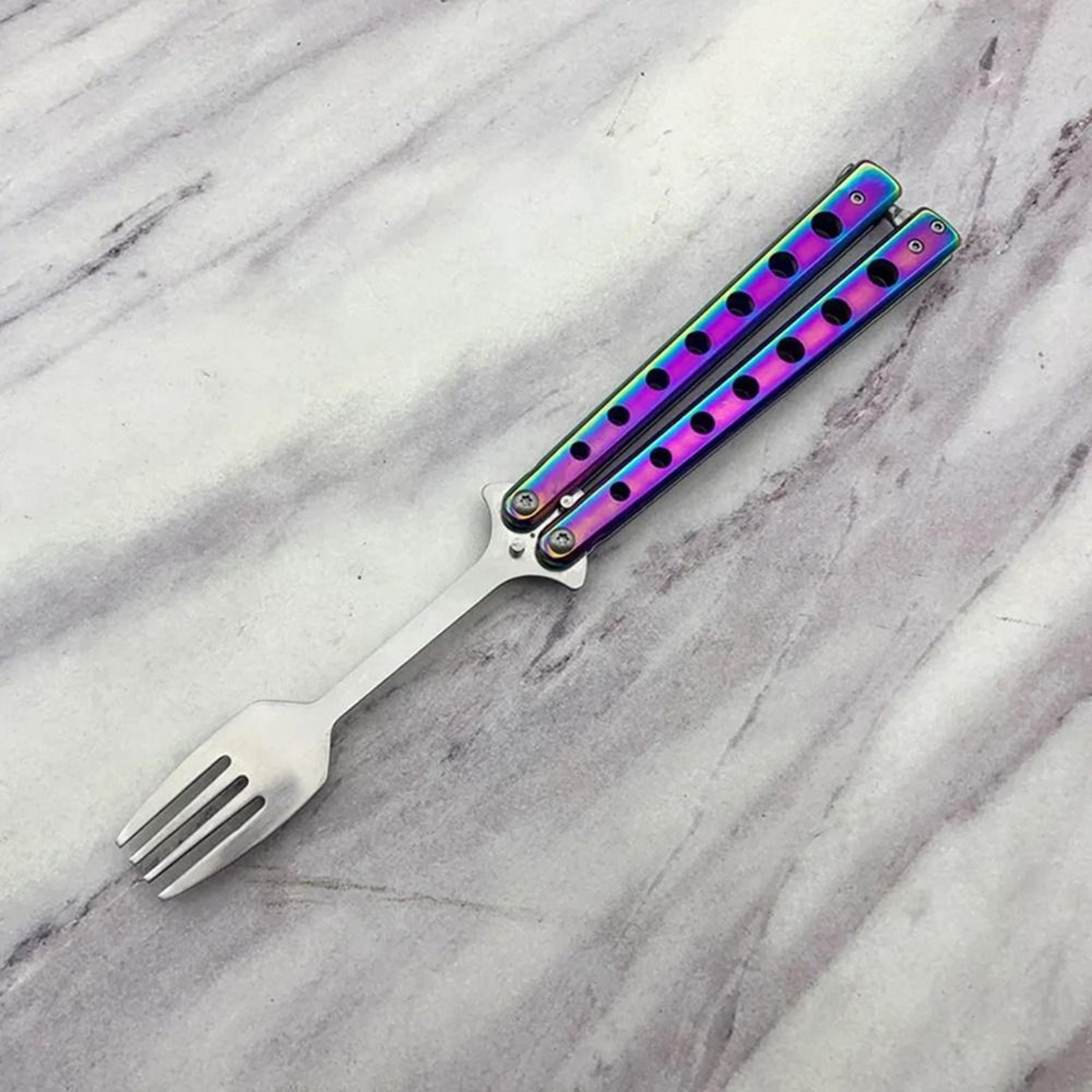 folding kitchen tool spoon fork, stainless steel practice training tool for outdoor balisong, tableware