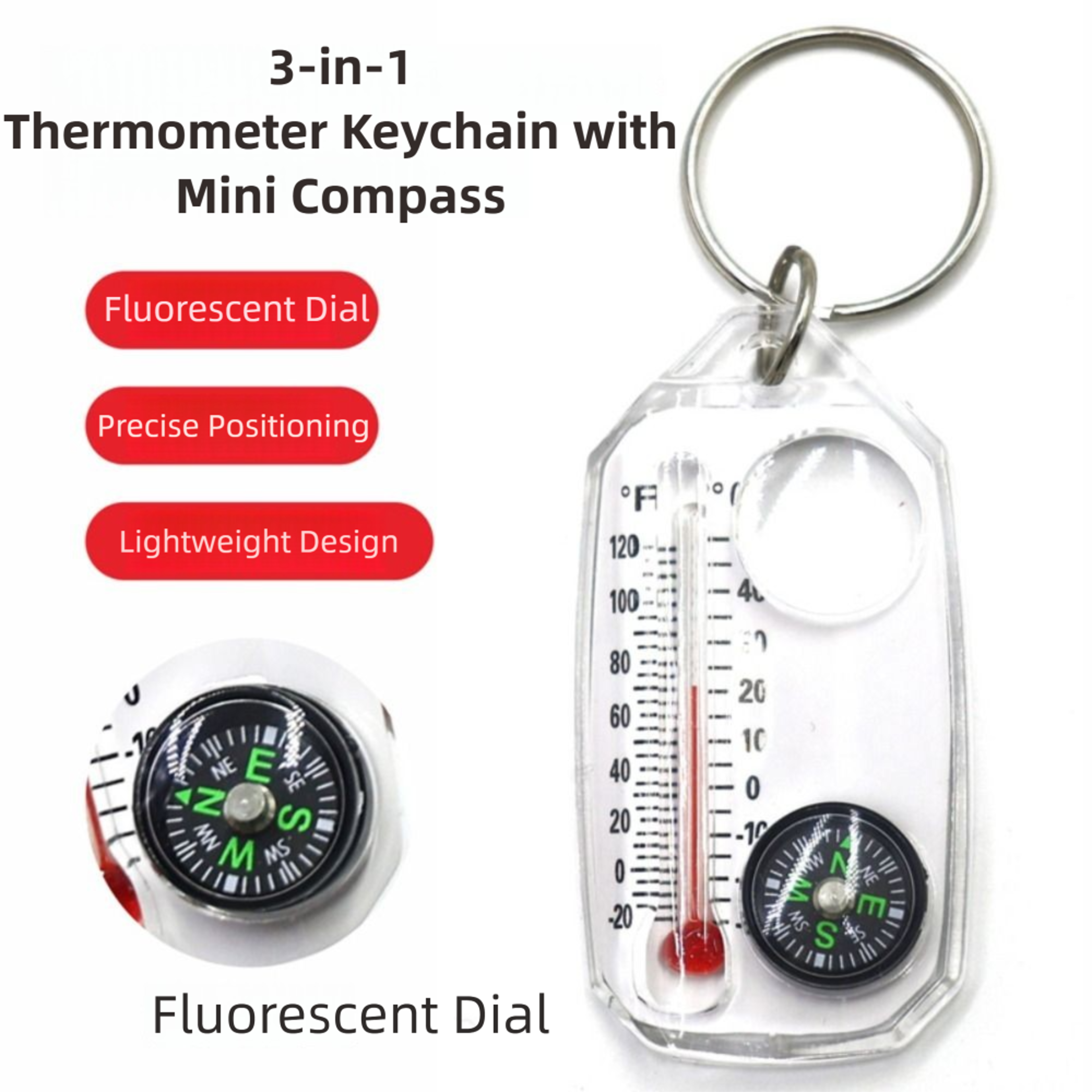 mini compass keychain with fluorescent compact thermometers, durable mountaineering tool for outdoor expeditions