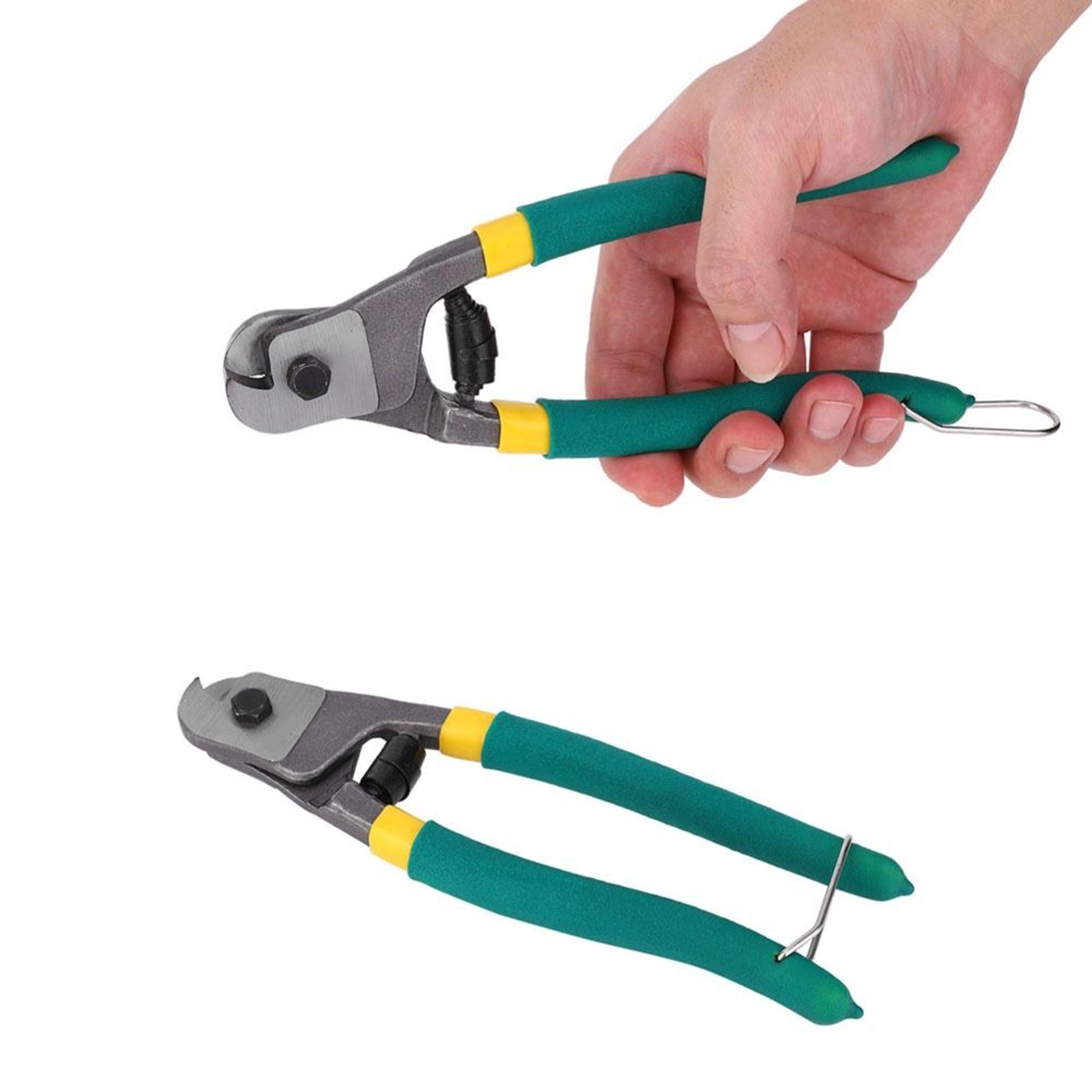 green wire rope cutter with spring-loaded handle, steel cable cutters, one-handed cutting pliers for brake cable