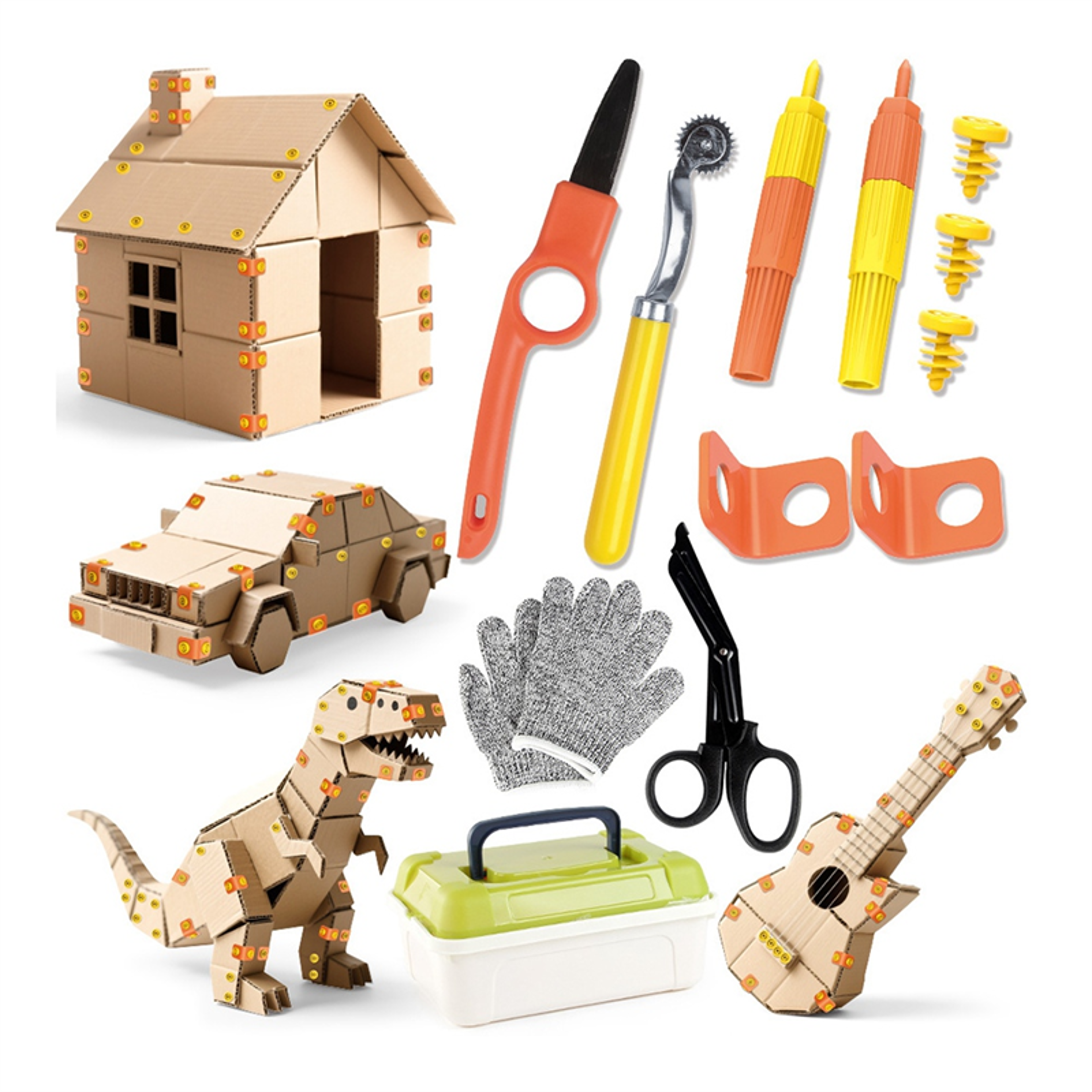 tool box, cardboard tools for kids with cutter, cardboard construction kit ideal for family, team activities