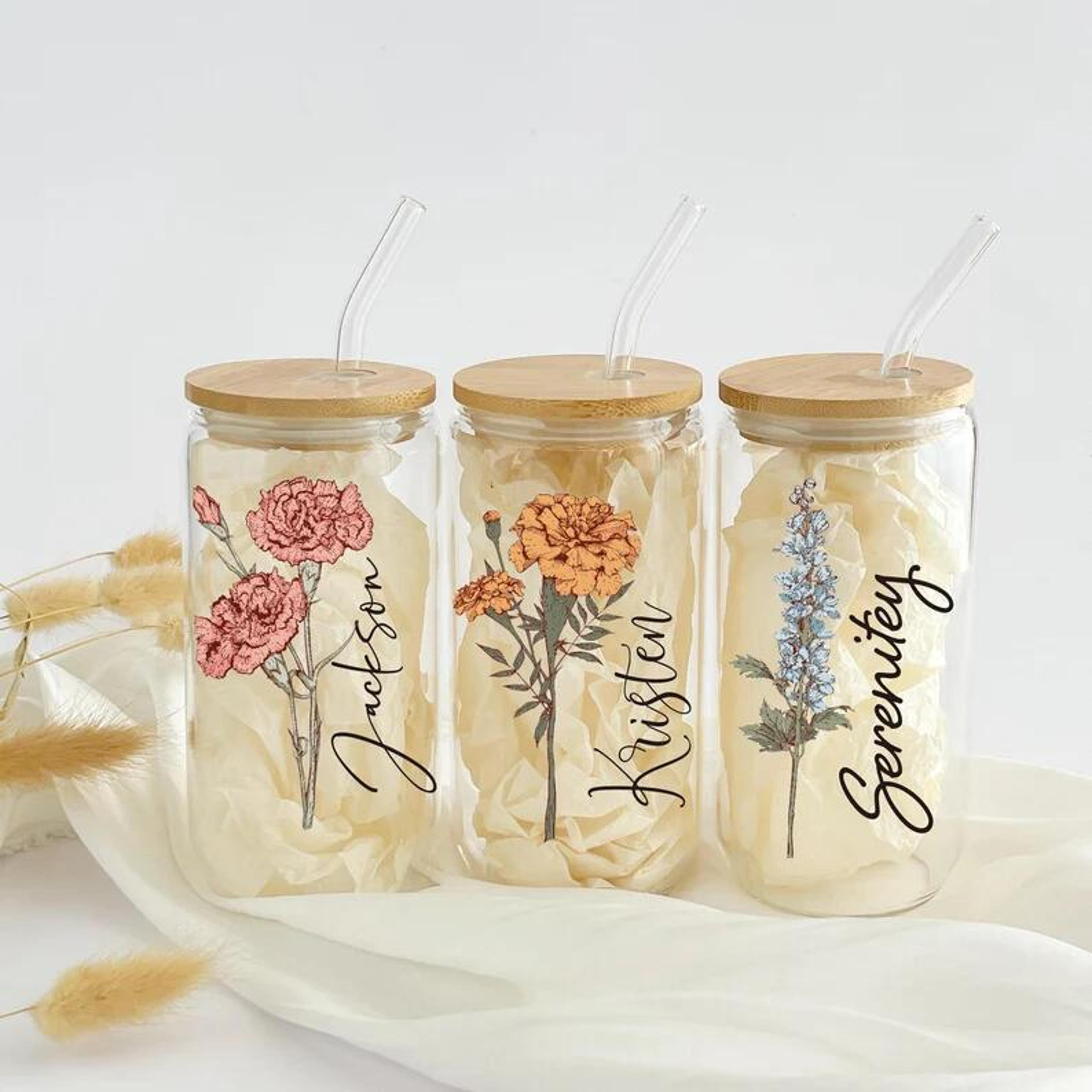 personalized name cup with bamboo lid straw, custom flower glass tumbler, reusable eco-friendly gift for women