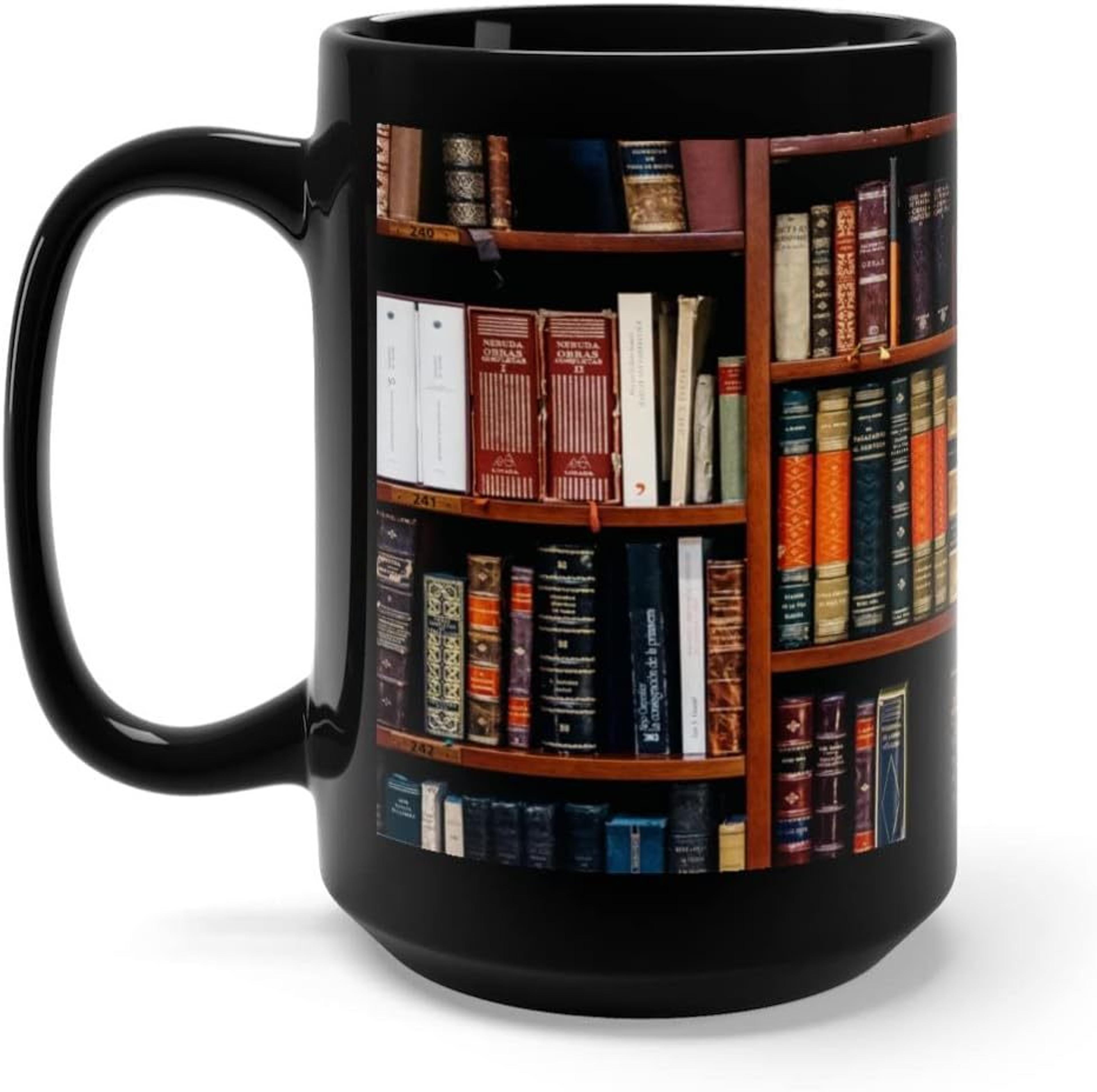 retro book pattern mug, literary black ceramic coffee cup, vintage bookshelf theme, book lover gift mug