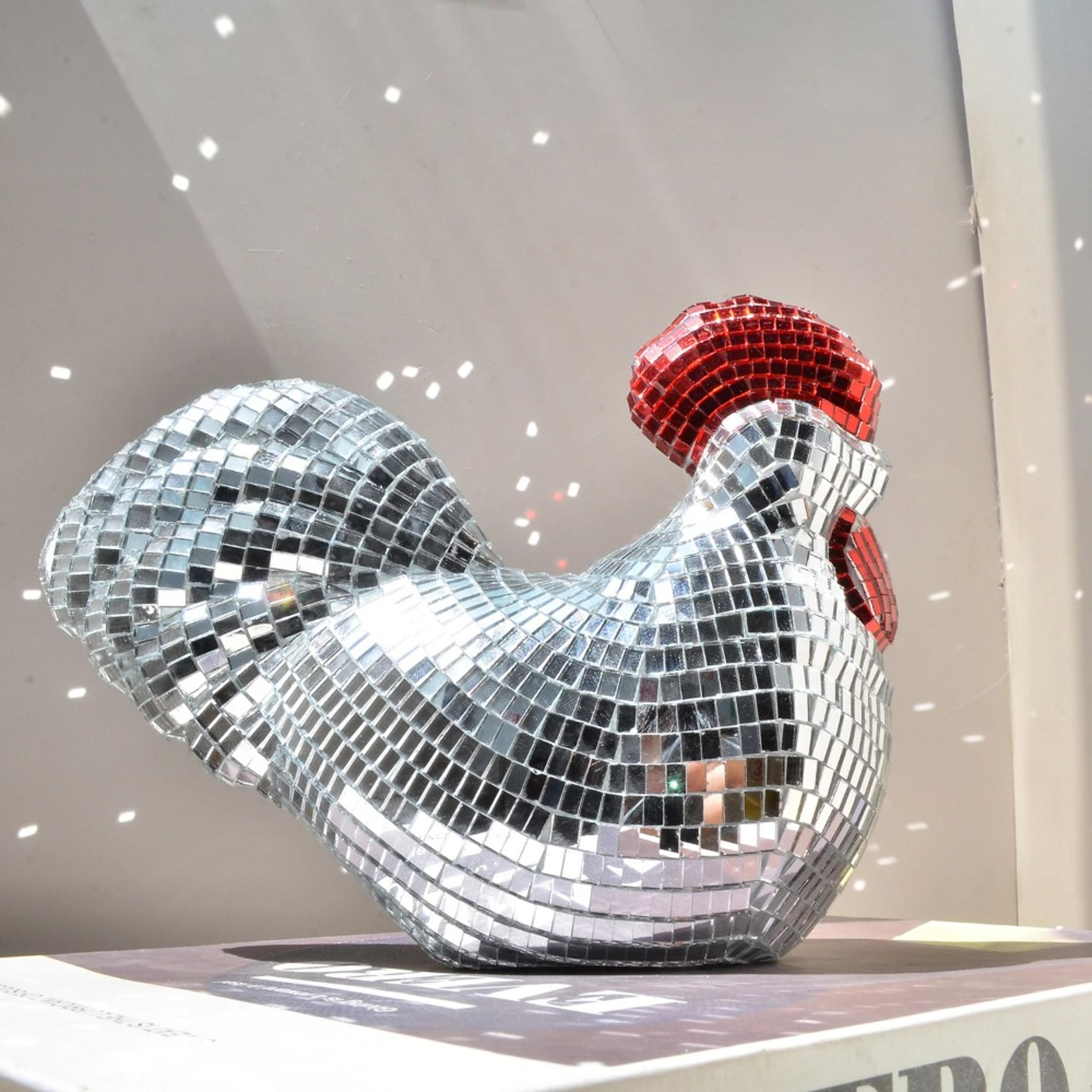 disco ball rooster chicken mirror ornament, party decoration, birthday gift sculpture