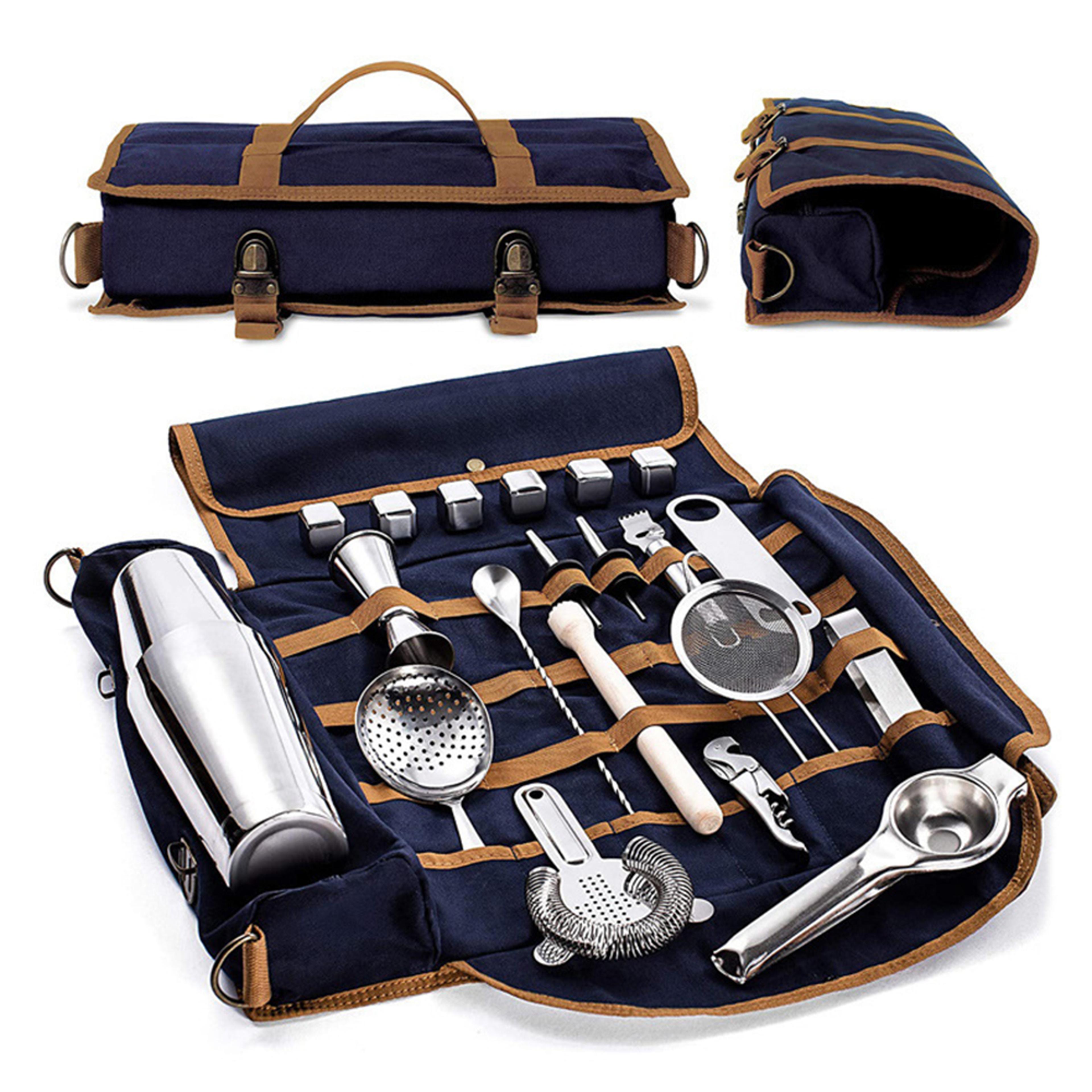 travel bar tool kit with cocktail set, travel bartender kit, portable bar roll with shoulder strap and accessories