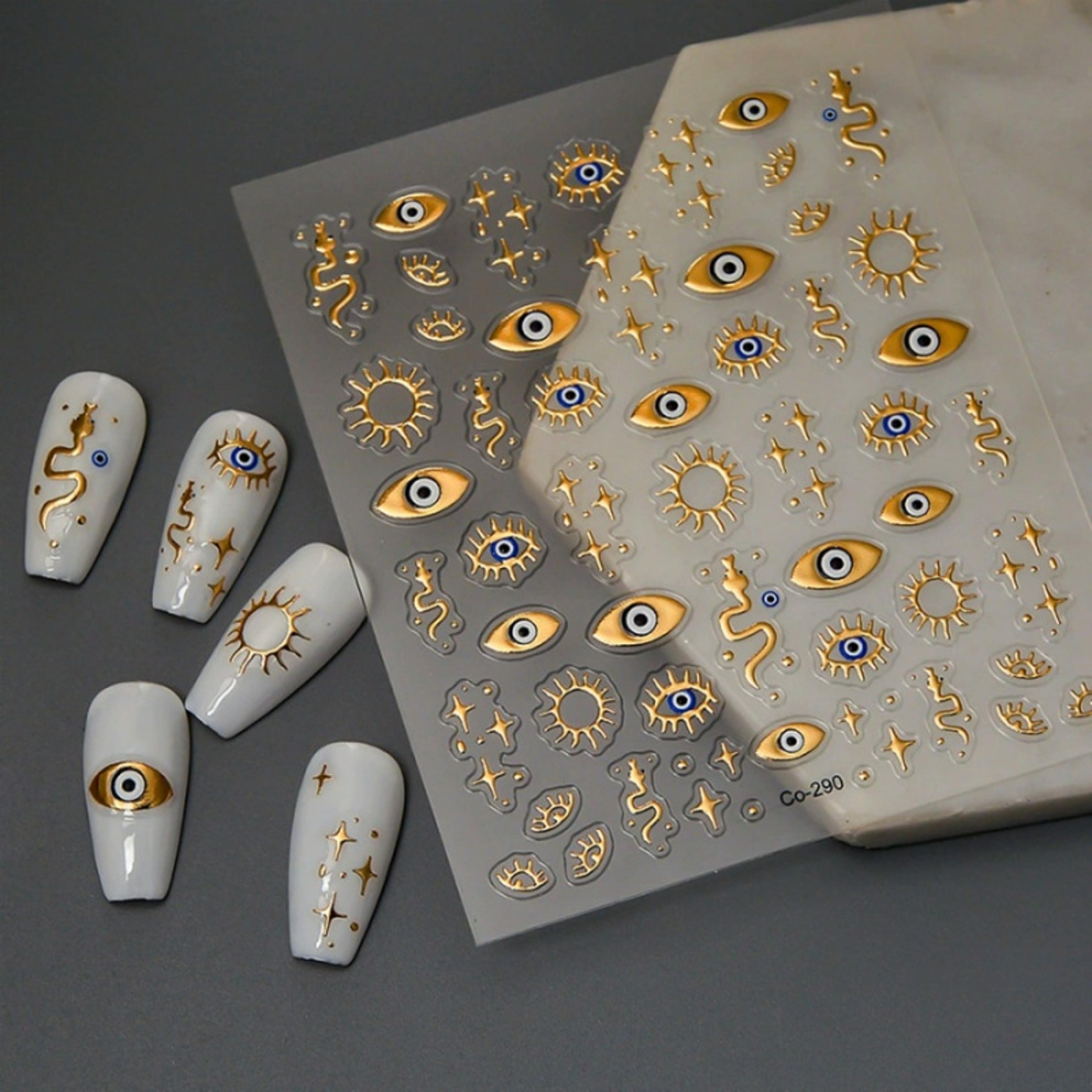 gold foil devil's eye nail stickers, embossed eyes, sun & stars - perfect for nails, phones, laptops, and decorations