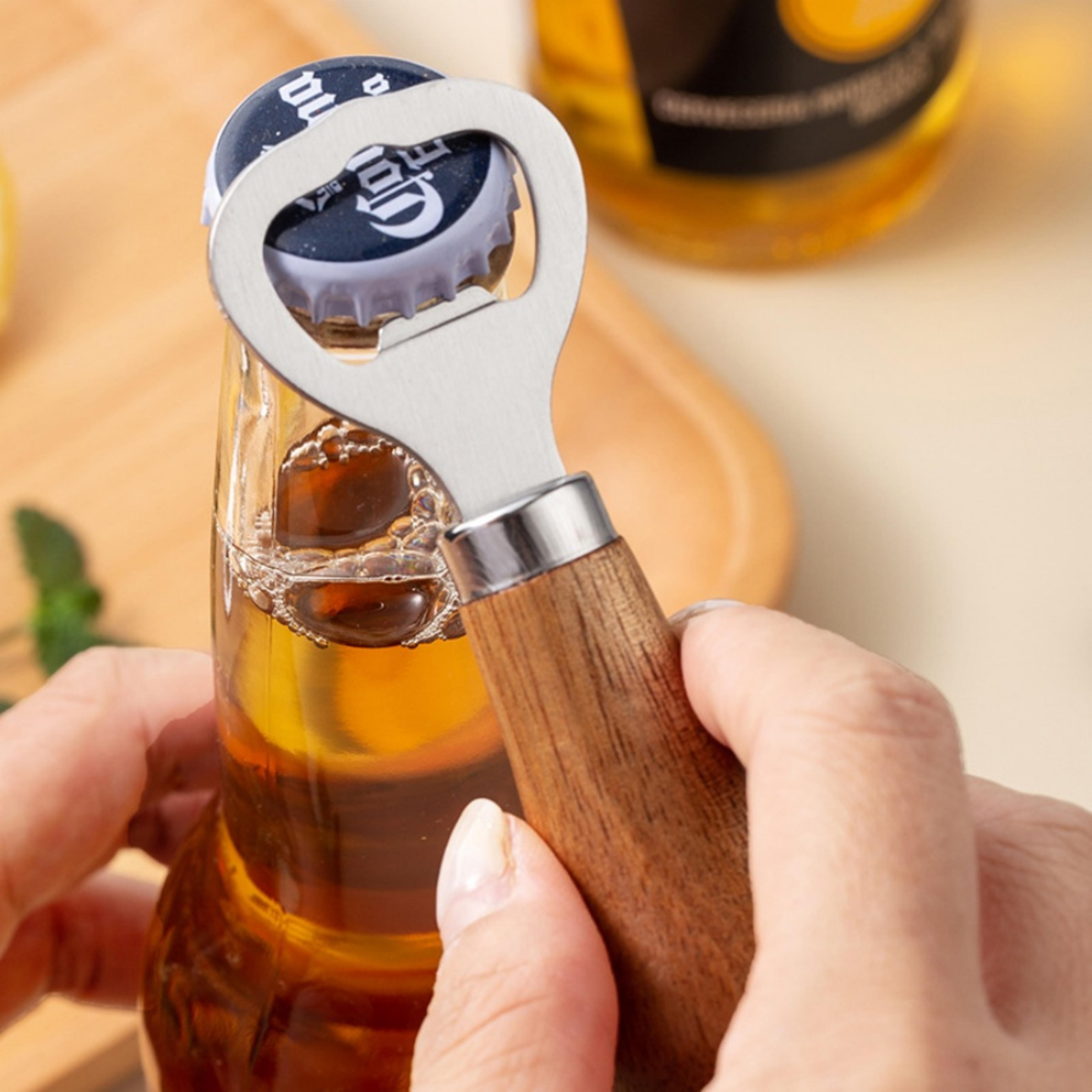 stainless steel beer bottle opener, solid wood handle, ideal for home use