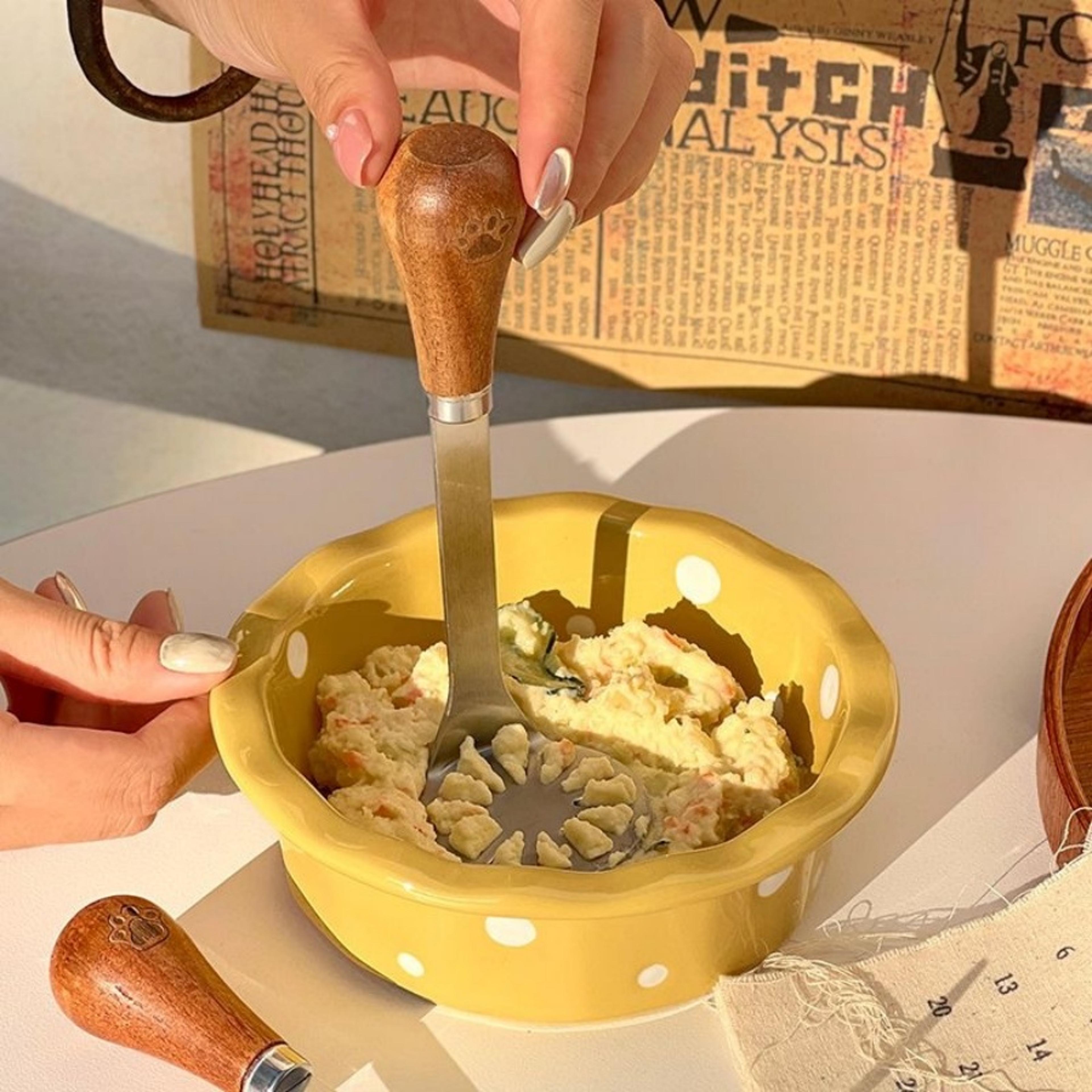wooden handle potato masher, stainless steel butter, cheese spatula, fruit masher, kitchen tools