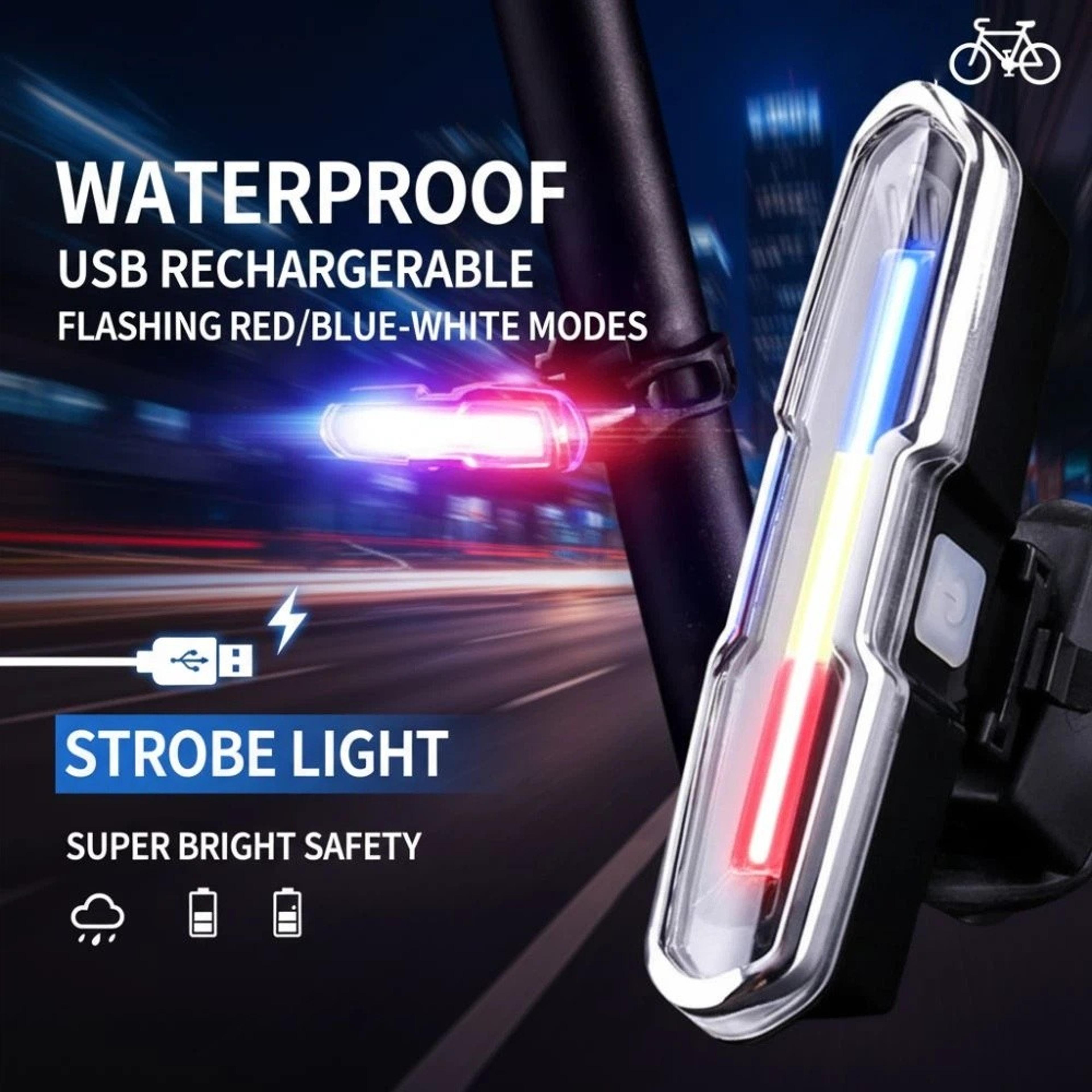 led taillight with waterproof cycling safety, super bright strobe light, usb rechargeable, red/blue/white flash modes