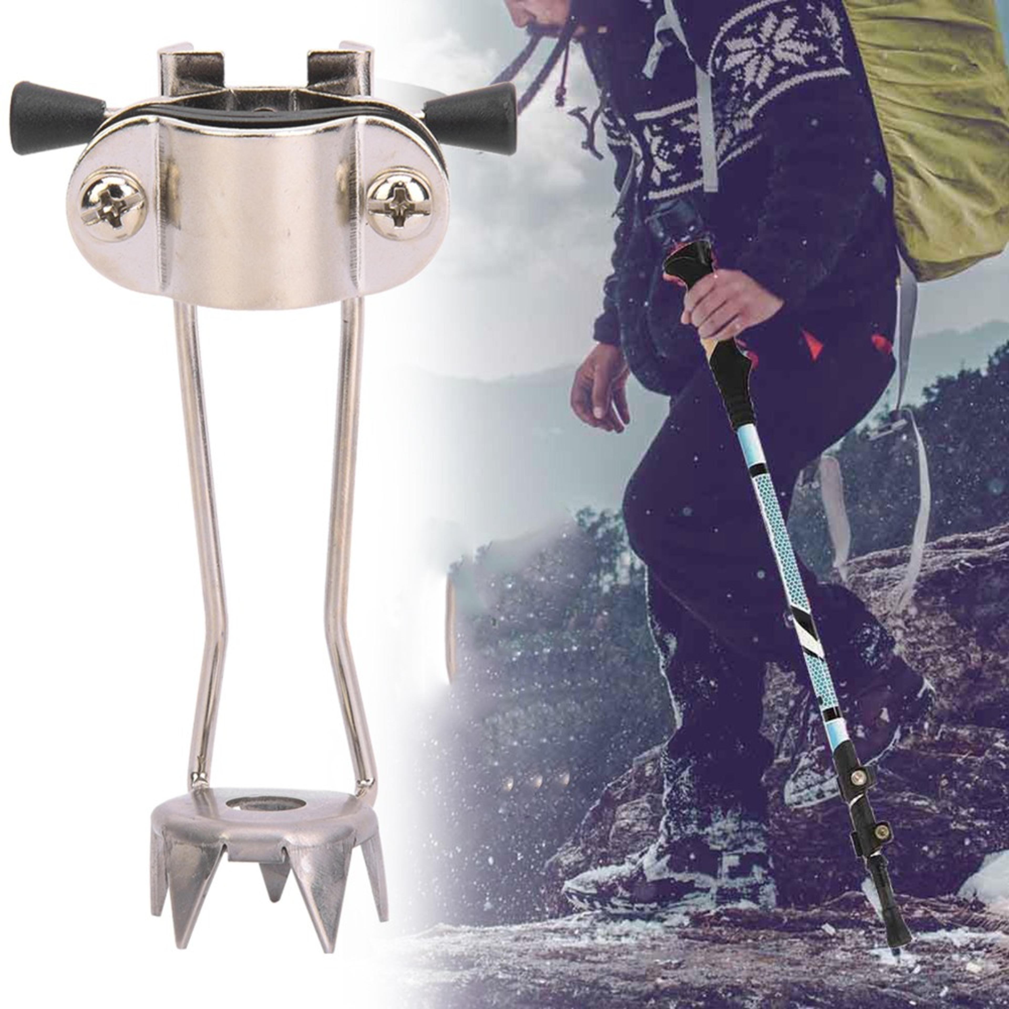 non-slip prong crampons tips, stainless steel ice tip attachment for heavy duty trekking poles, snow climbing cleats