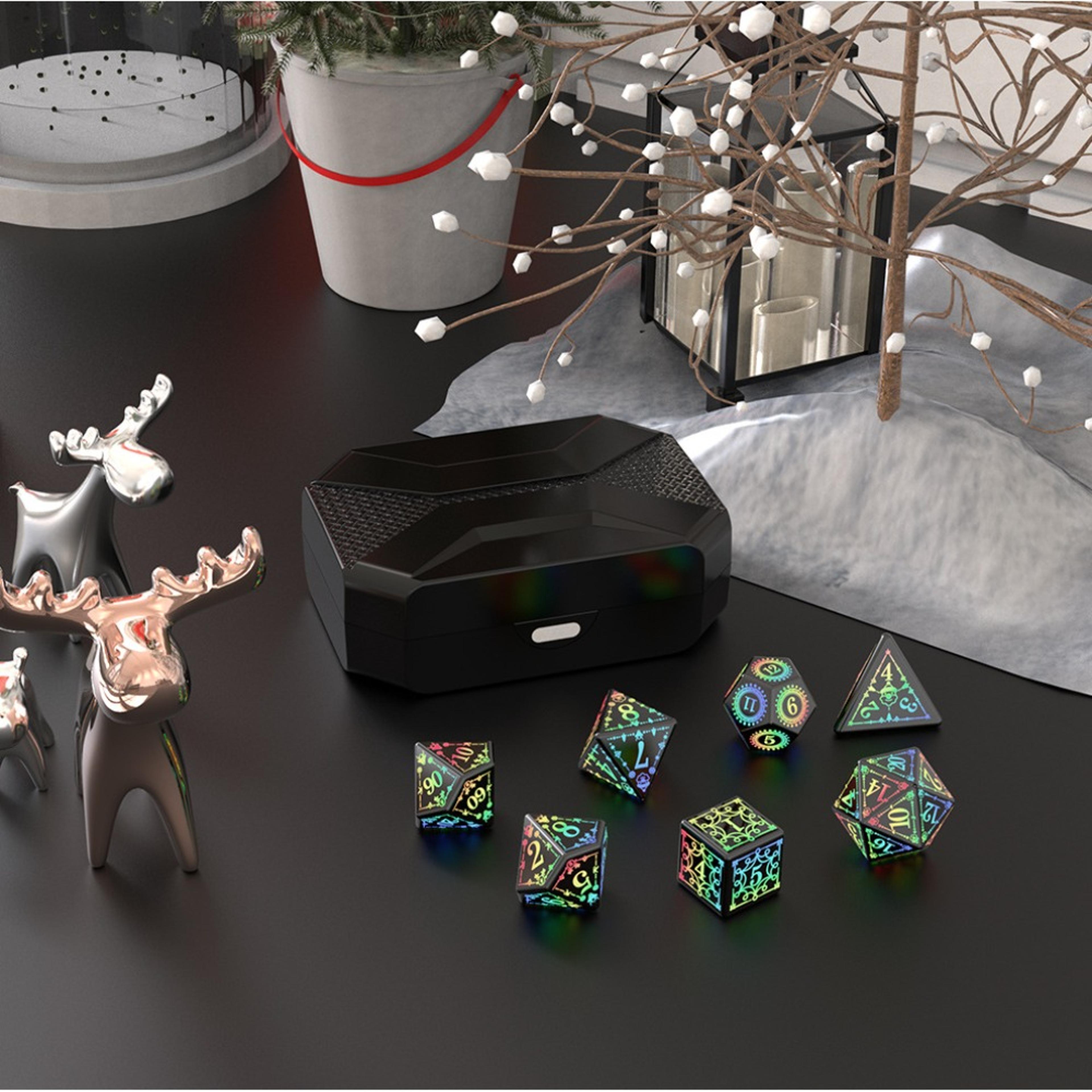 set of rechargeable led dice for dungeons and dragons, electronic luminous dice, motion activated with charging box