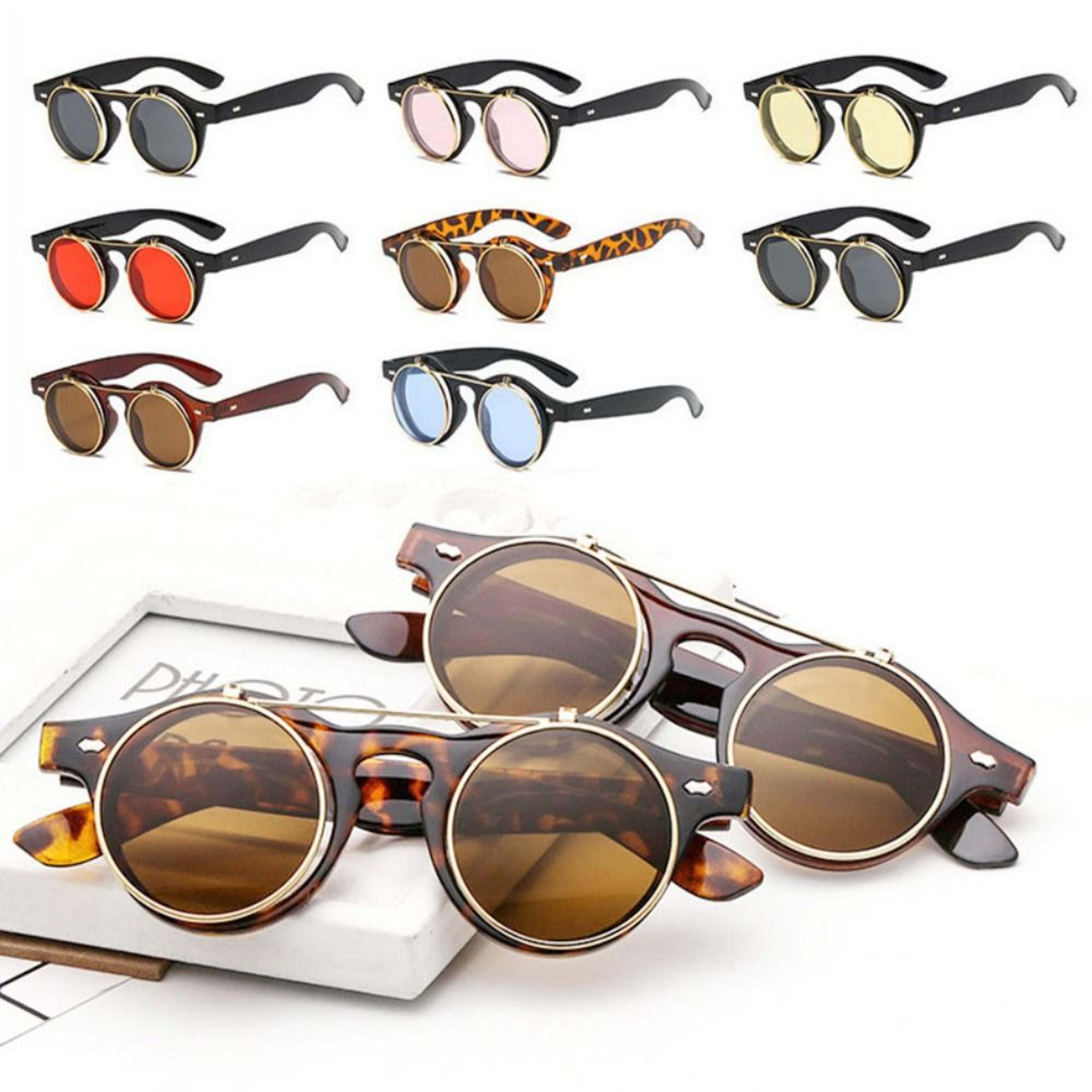sunglasses punk double layer driving glasses, retro round frame flip cover