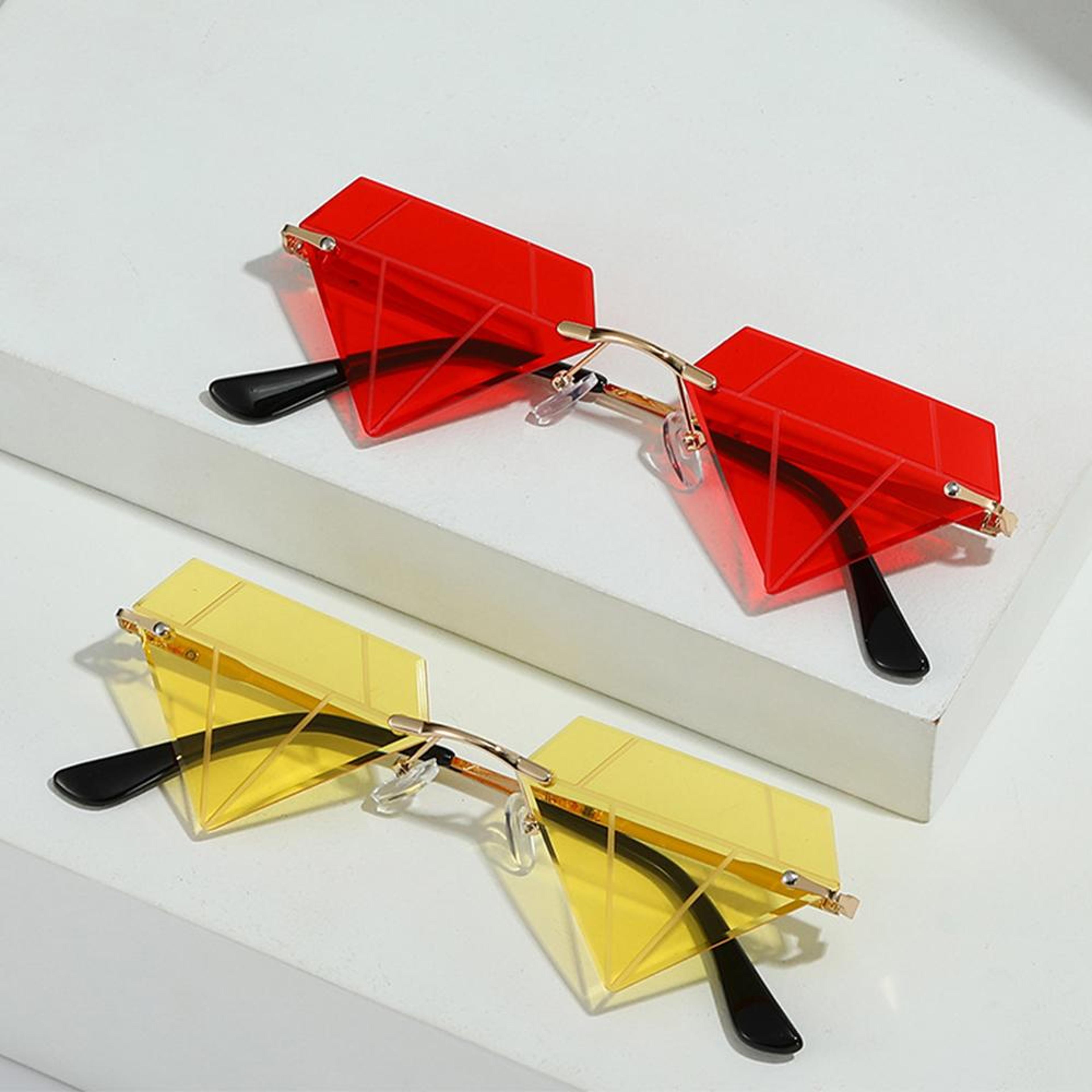 rimless sun glasses for women, diamond shaped eyewear, halloween glasses, triangle prom sunglasses, cycling shades