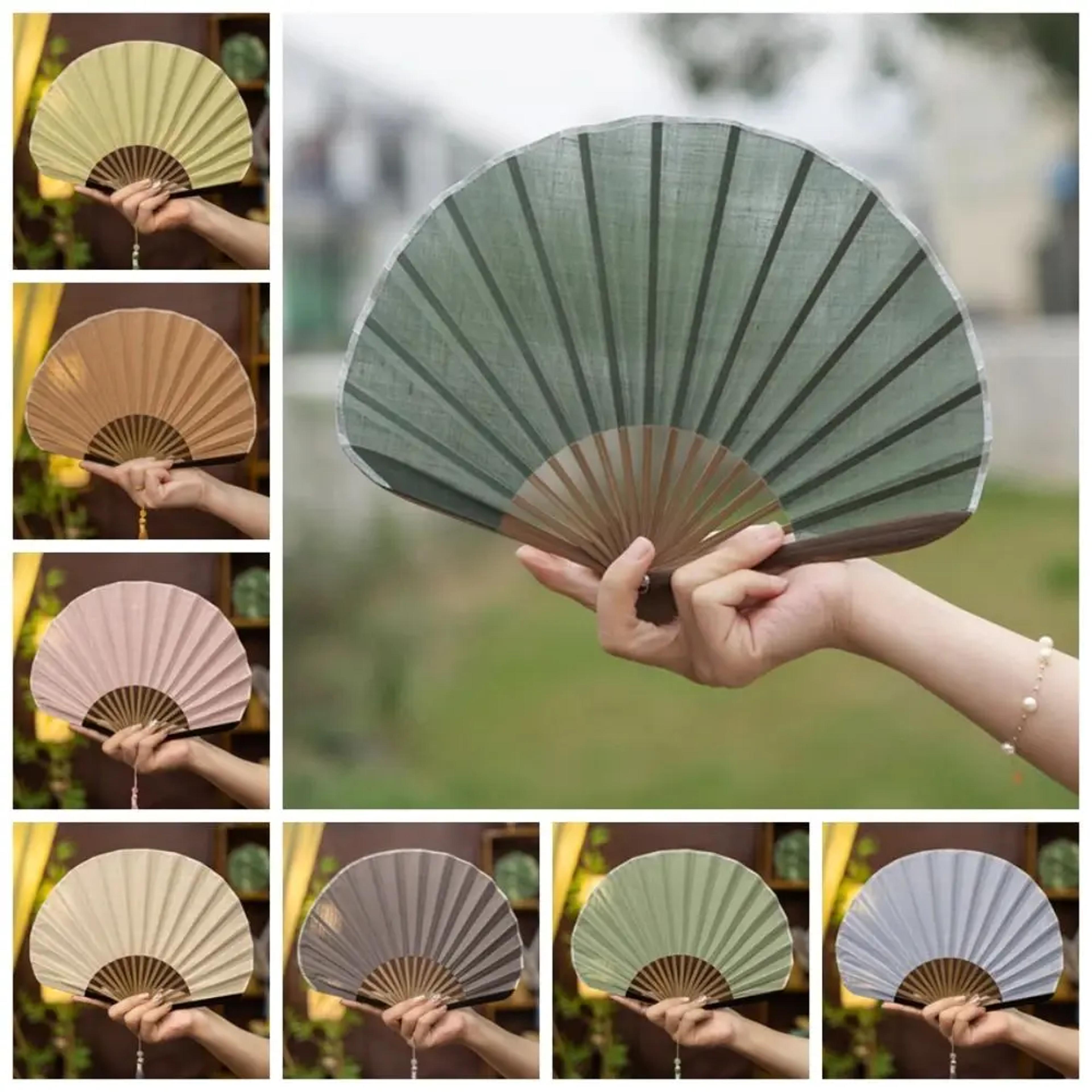 mini shell fan, creative retro folding hand heat protection, cotton linen cloth handheld fan for women