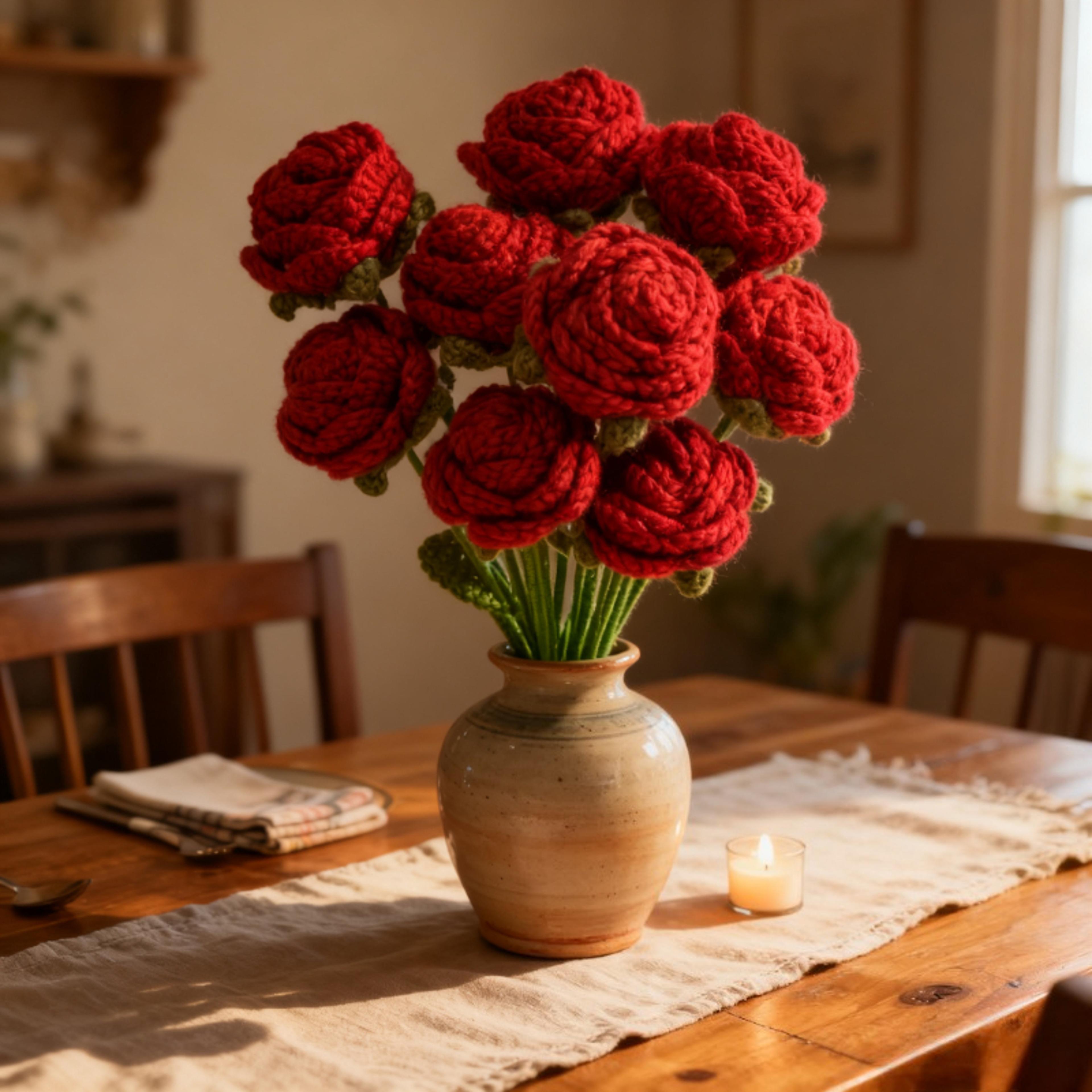 faux flower arrangement, handmade knitted rose bouquet, wedding party decorations