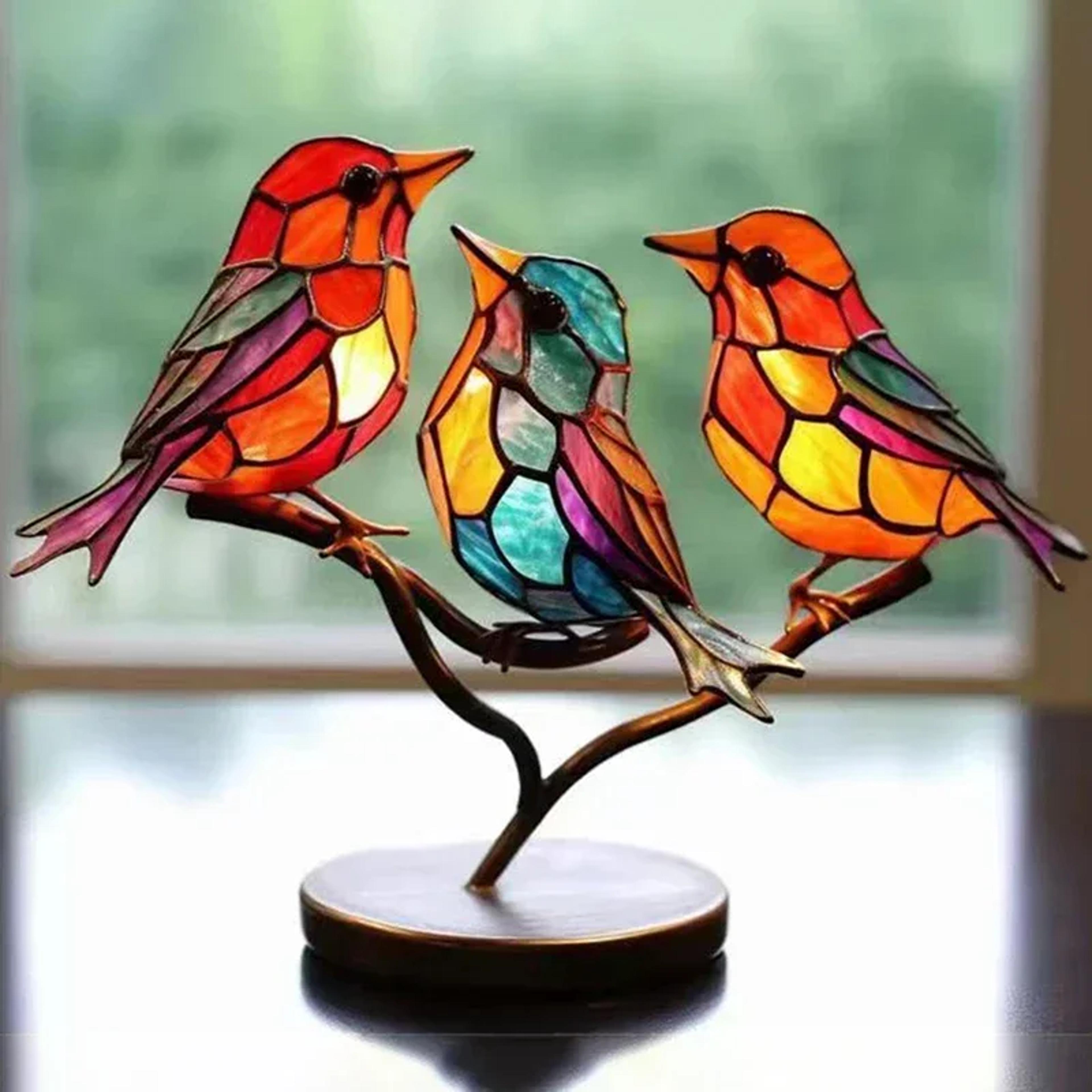 multicolor craft statue ornaments, desktop stained acrylic birds, branch decoration