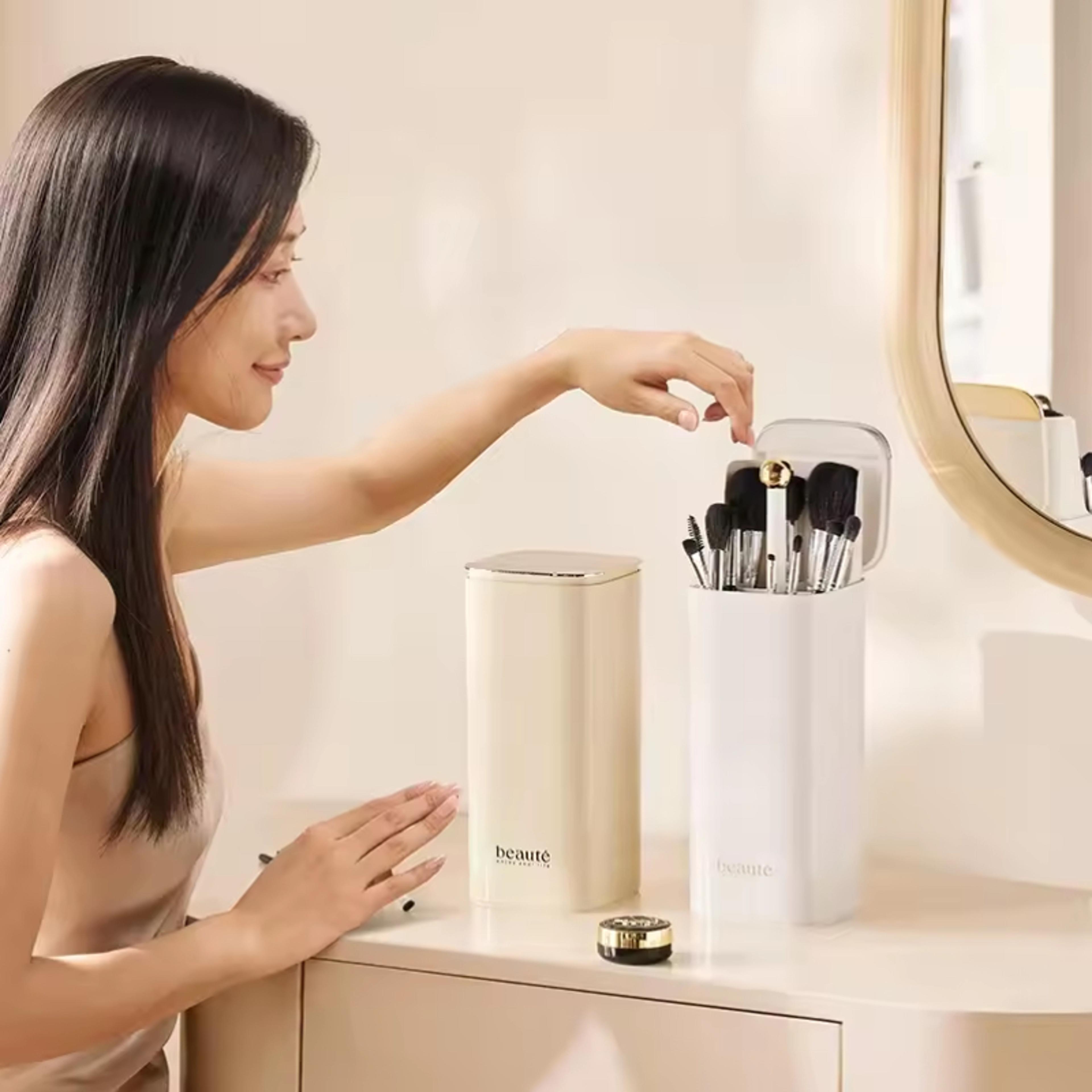 automatic lifting makeup brush holder set, dustproof desktop lipstick eyebrow pen holder container