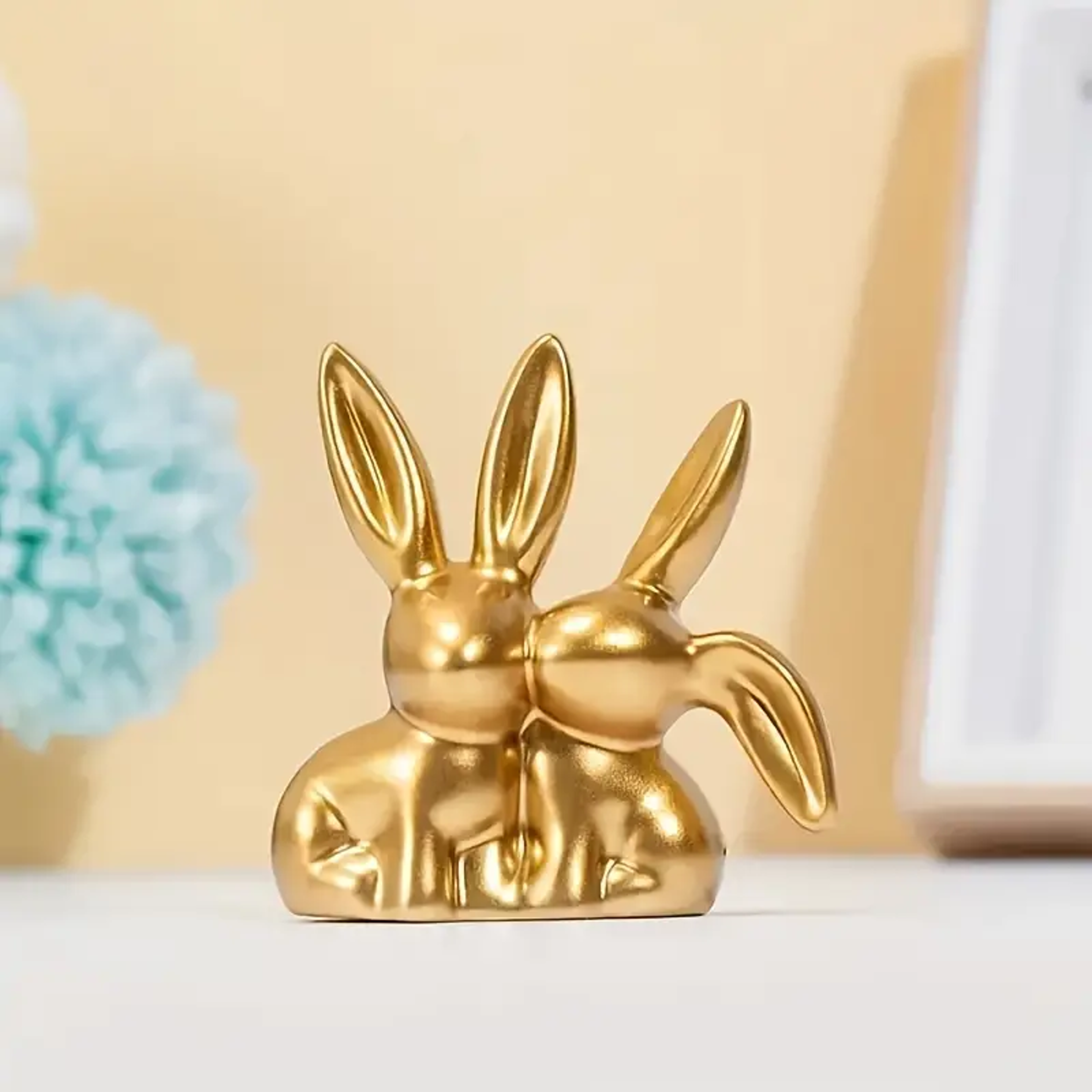 collectible figurine, golden cute double rabbit ornament for creative home desktop decor