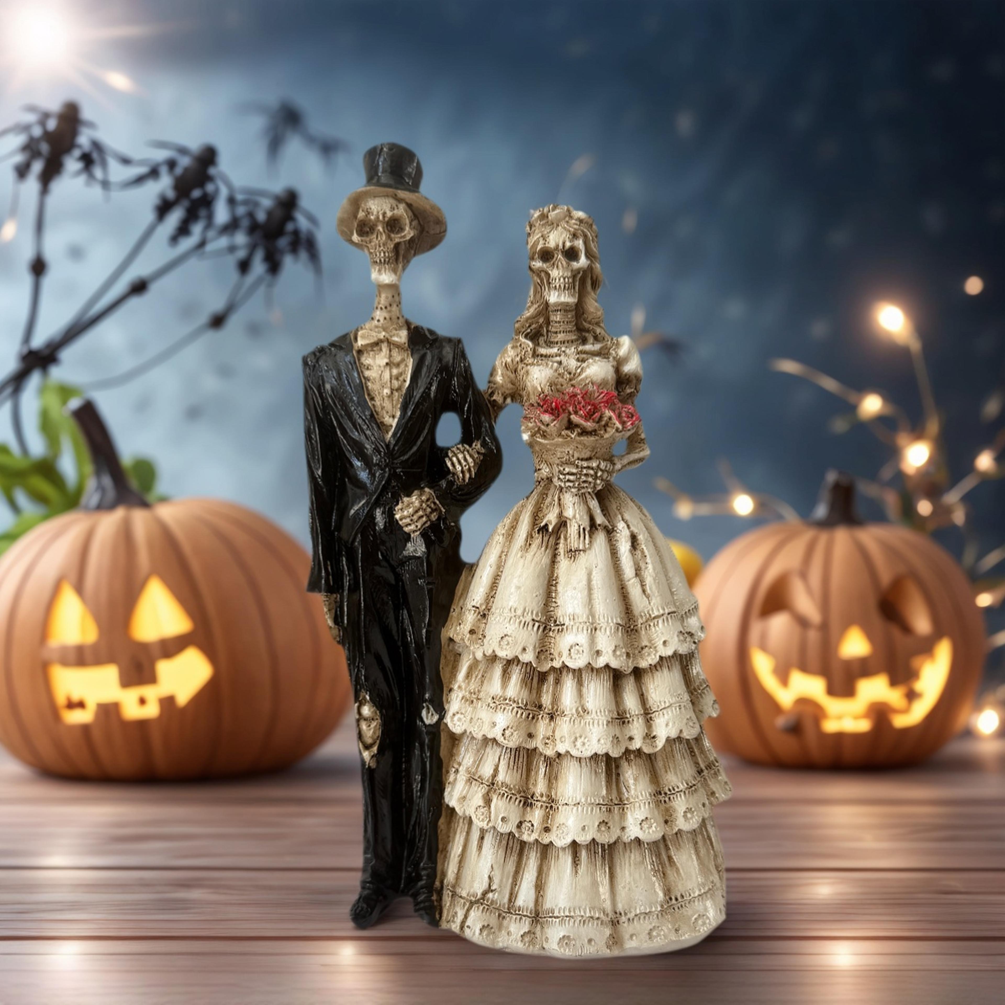 spooky couple skeleton statue, vintage wedding dress, romantic party desktop decoration