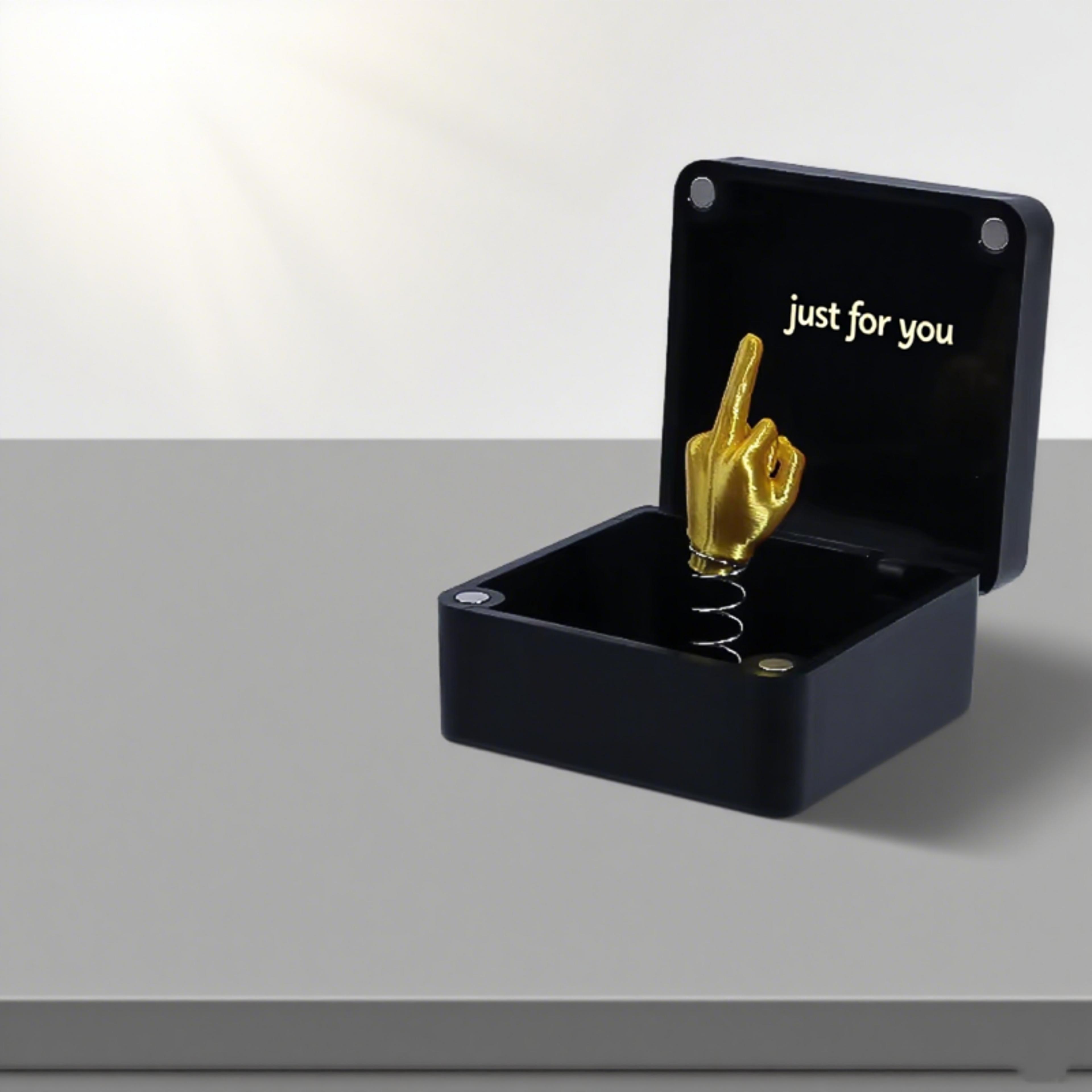 funny 'middle finger in a box' prank gift, creative office desk decoration, unique humor decor for home or work