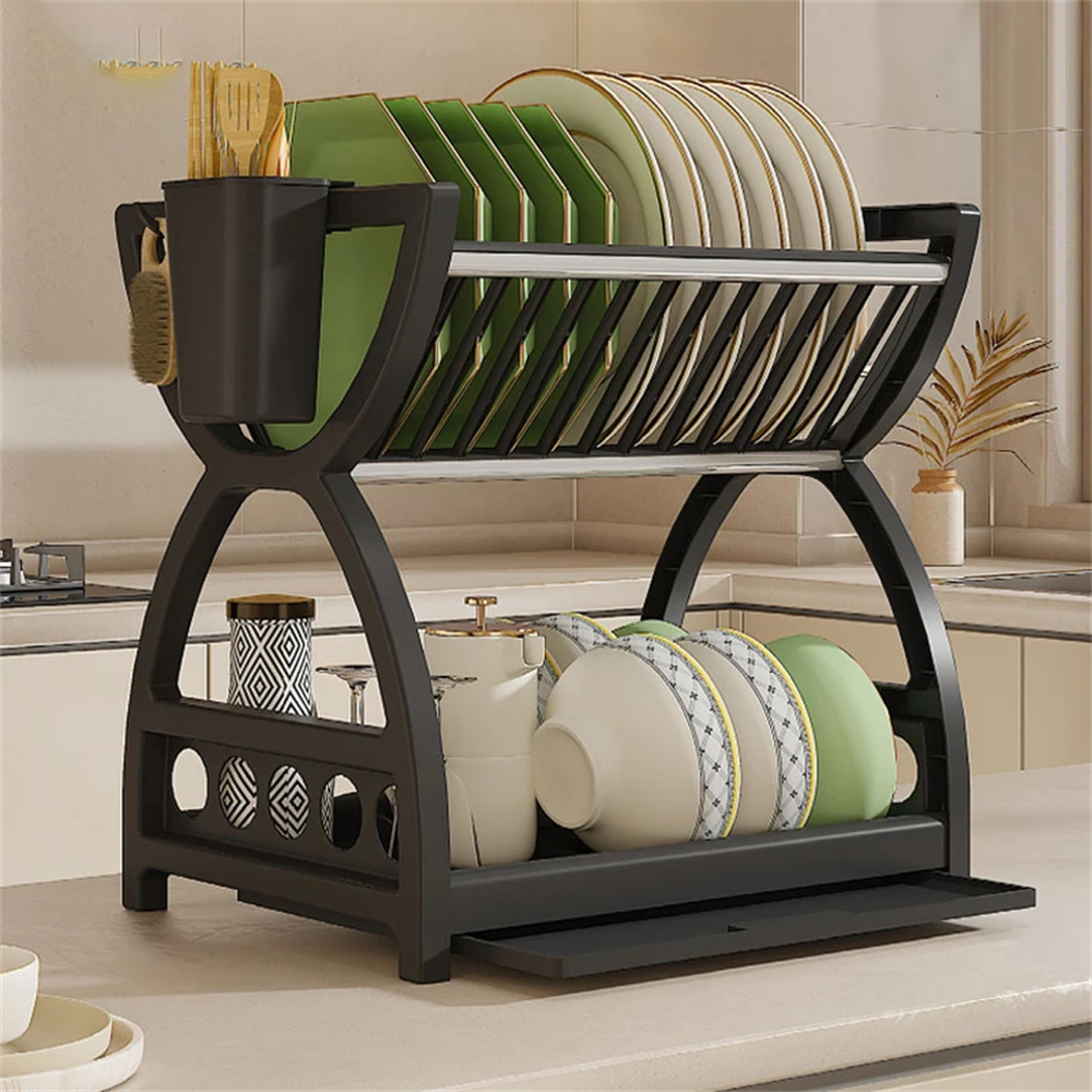 dish plate organizer with drainage rack, multi-functional kitchen storage rack, countertop utensil holder for plate and