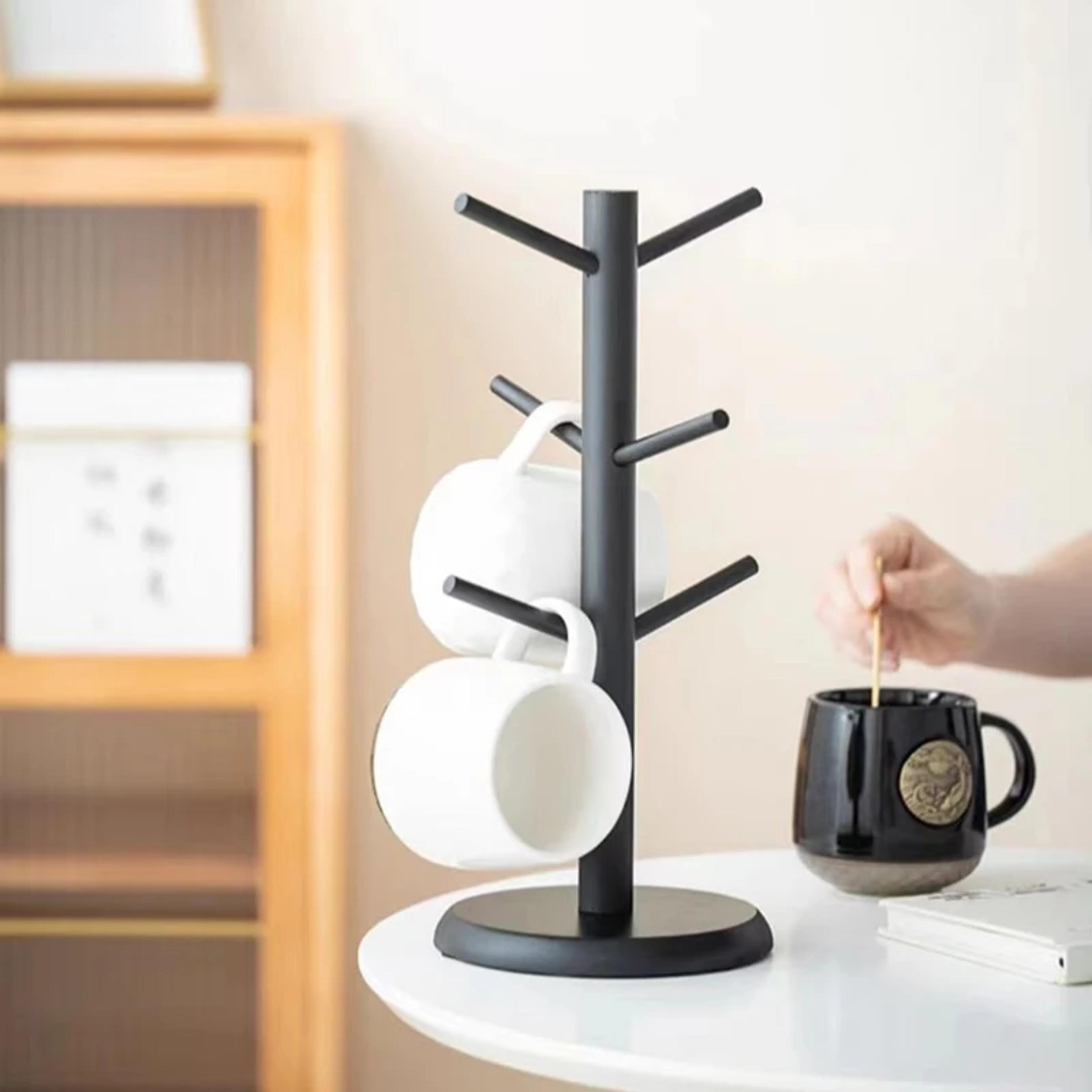 tree shape wood coffee tea mug storage stand, bamboo display rack with hooks for drinkware shelf