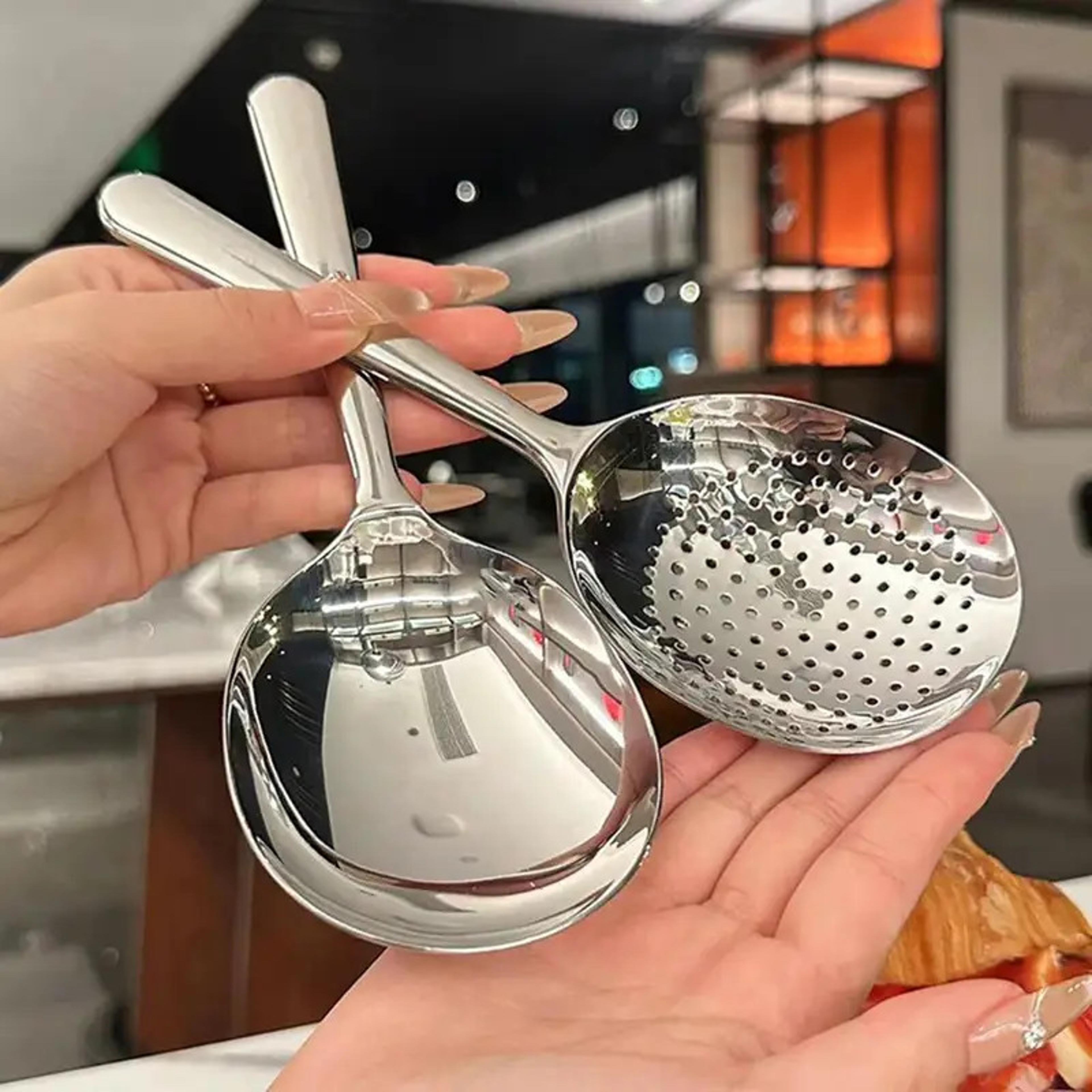 heat insulated handle kitchen utensils, stainless steel ladles for soup & rice with drain hole