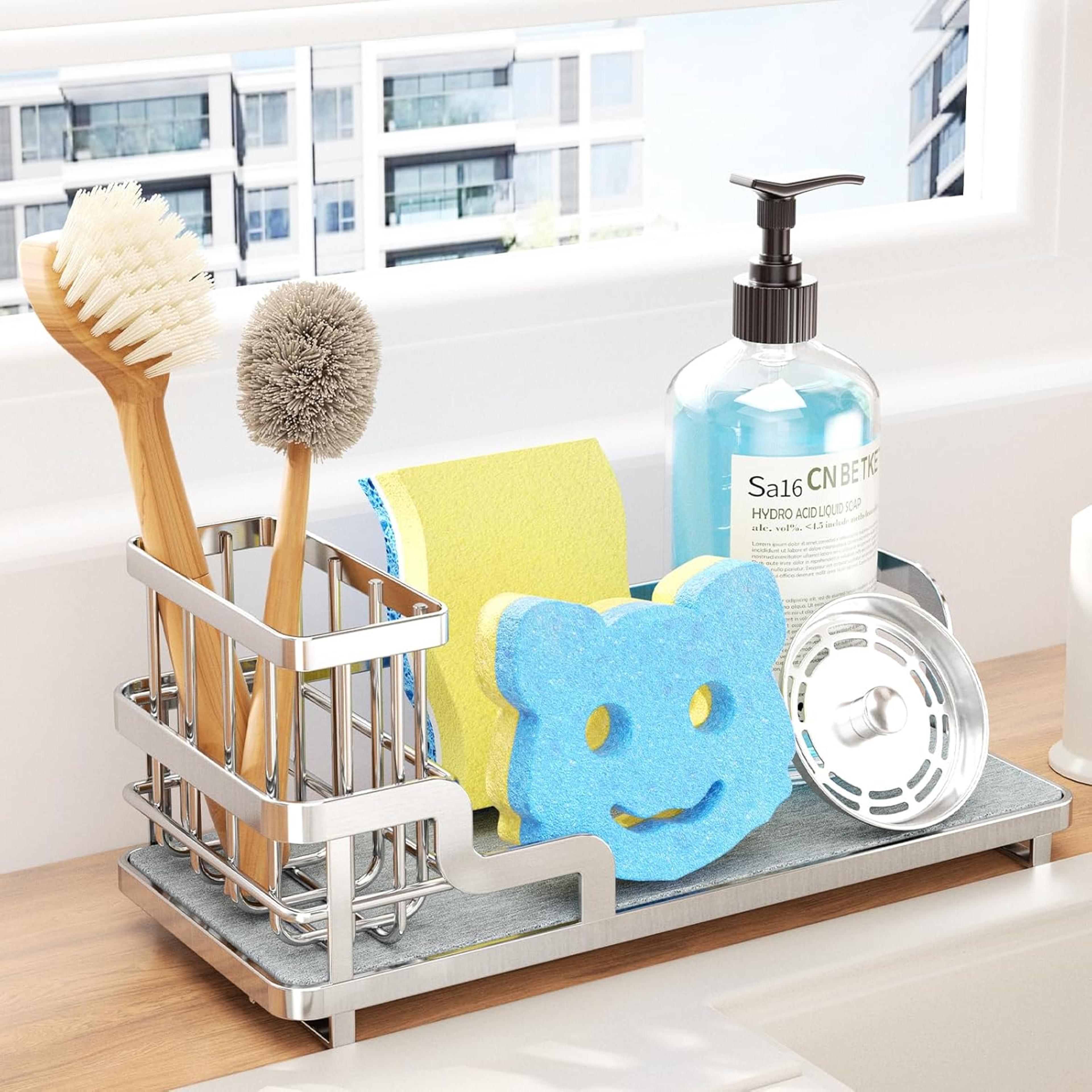 stainless steel sink caddy organizer with fast-dry kitchen sponge holder, diatomite base