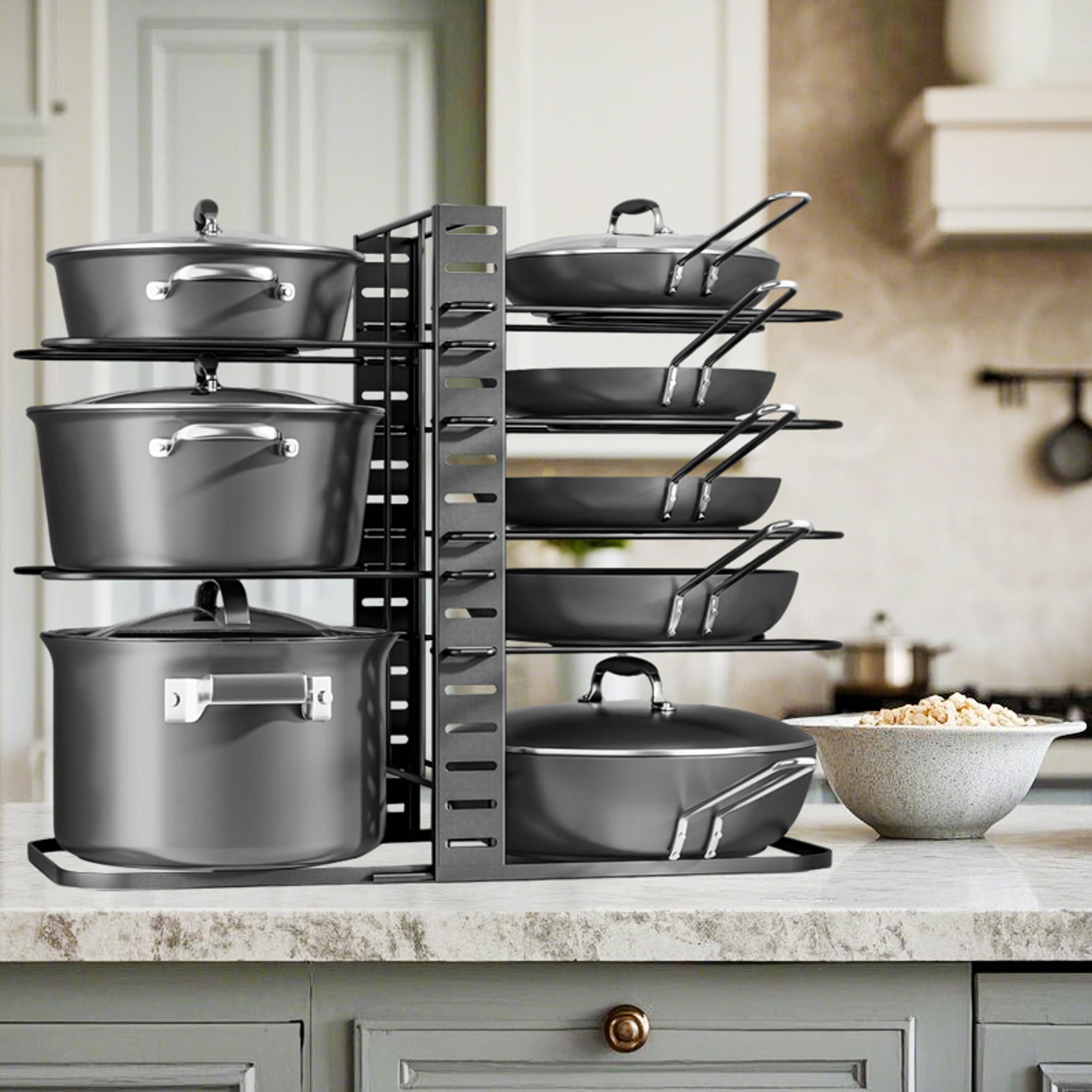 upgraded adjustable pot lid organizer for cutting board, pot and pan rack for cabinet, heavy cookware holder