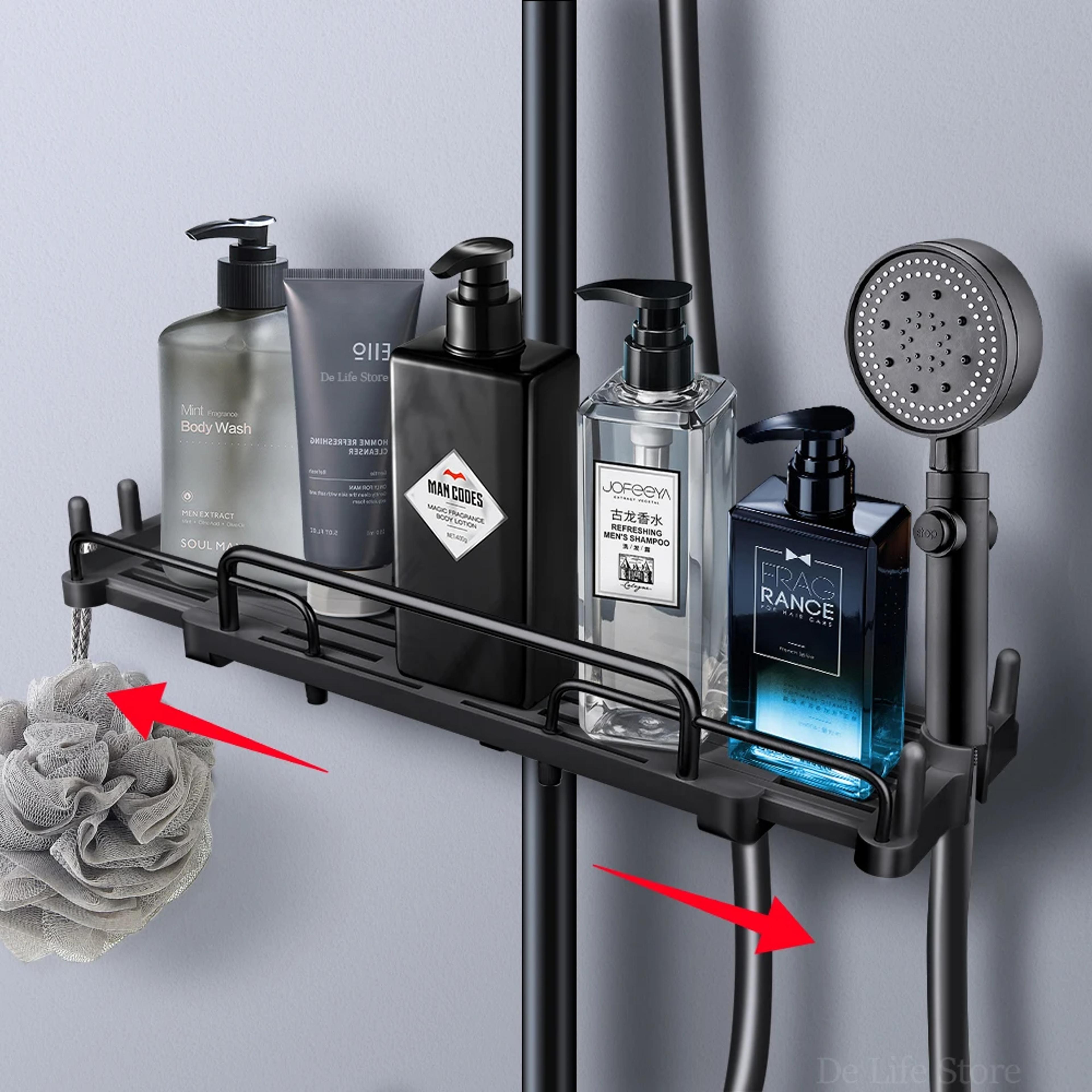 shower storage holder, extendable bathroom shelf without drilling, shampoo tray organizer