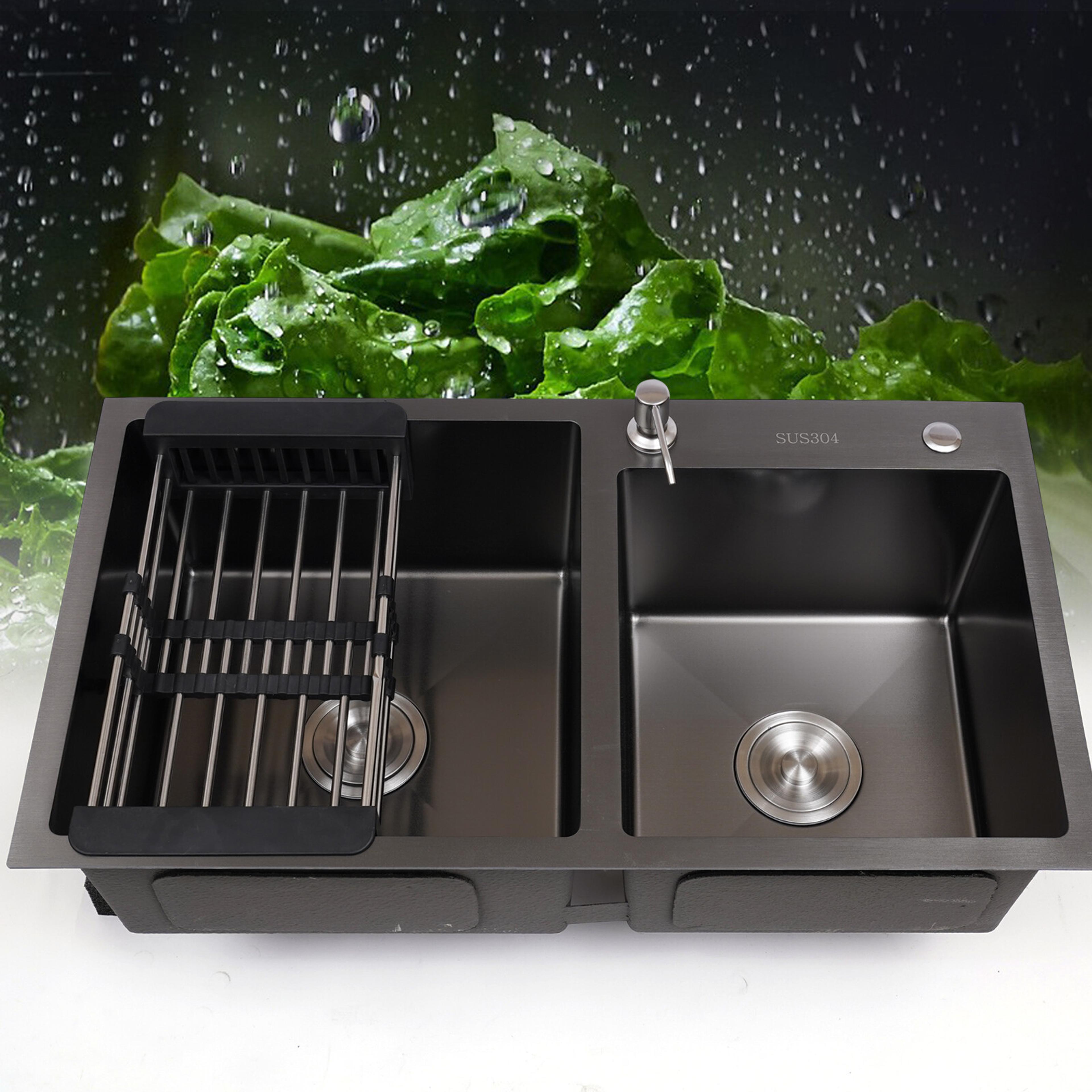 kitchen sink double bowl, stainless steel inset basket w/drainer and soap dispenser