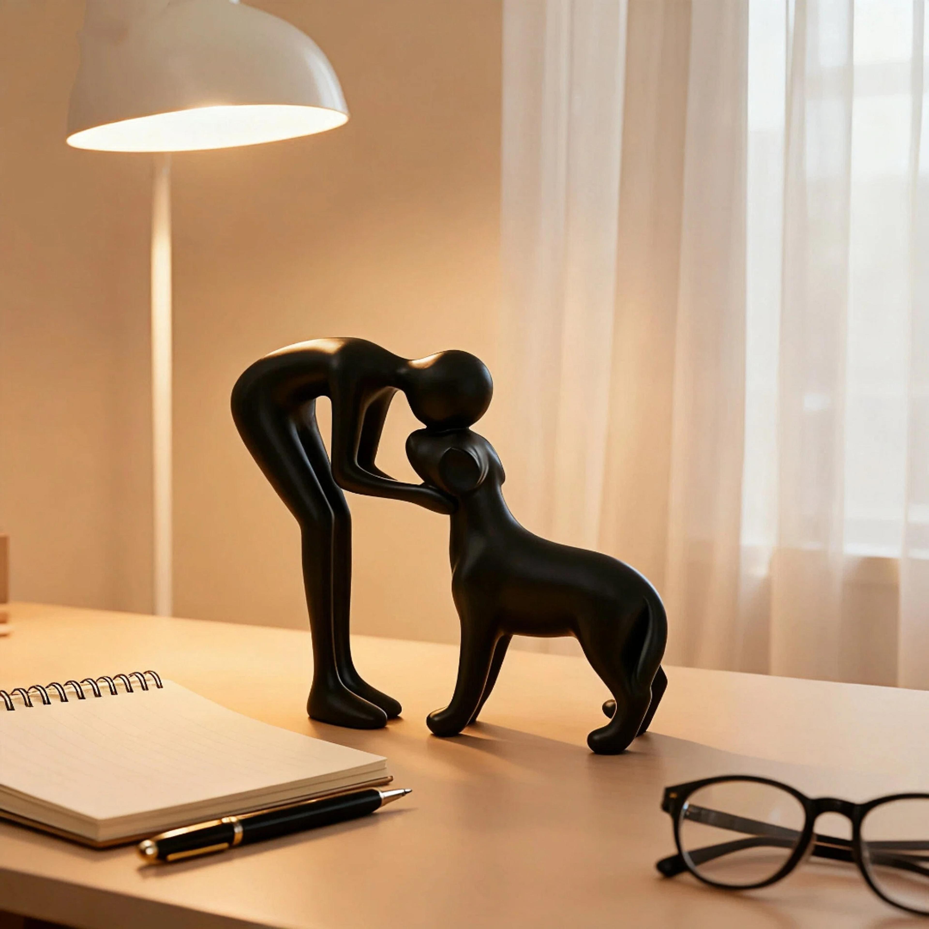 minimalist abstract sculpture, human and pet figurine, emotional companionship for living room or desk