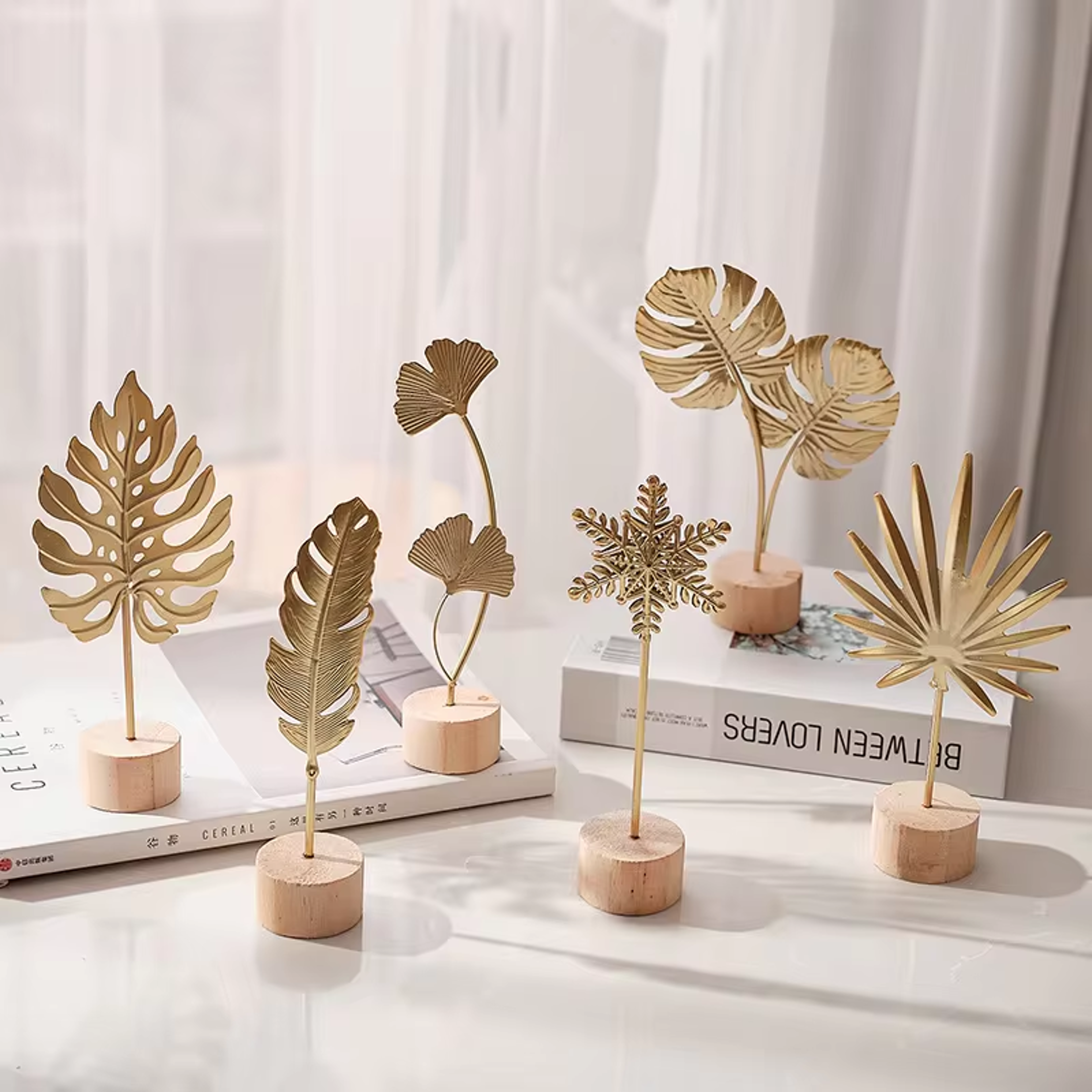 elegant metal ginkgo leaf feather figurine sculpture for desktop
