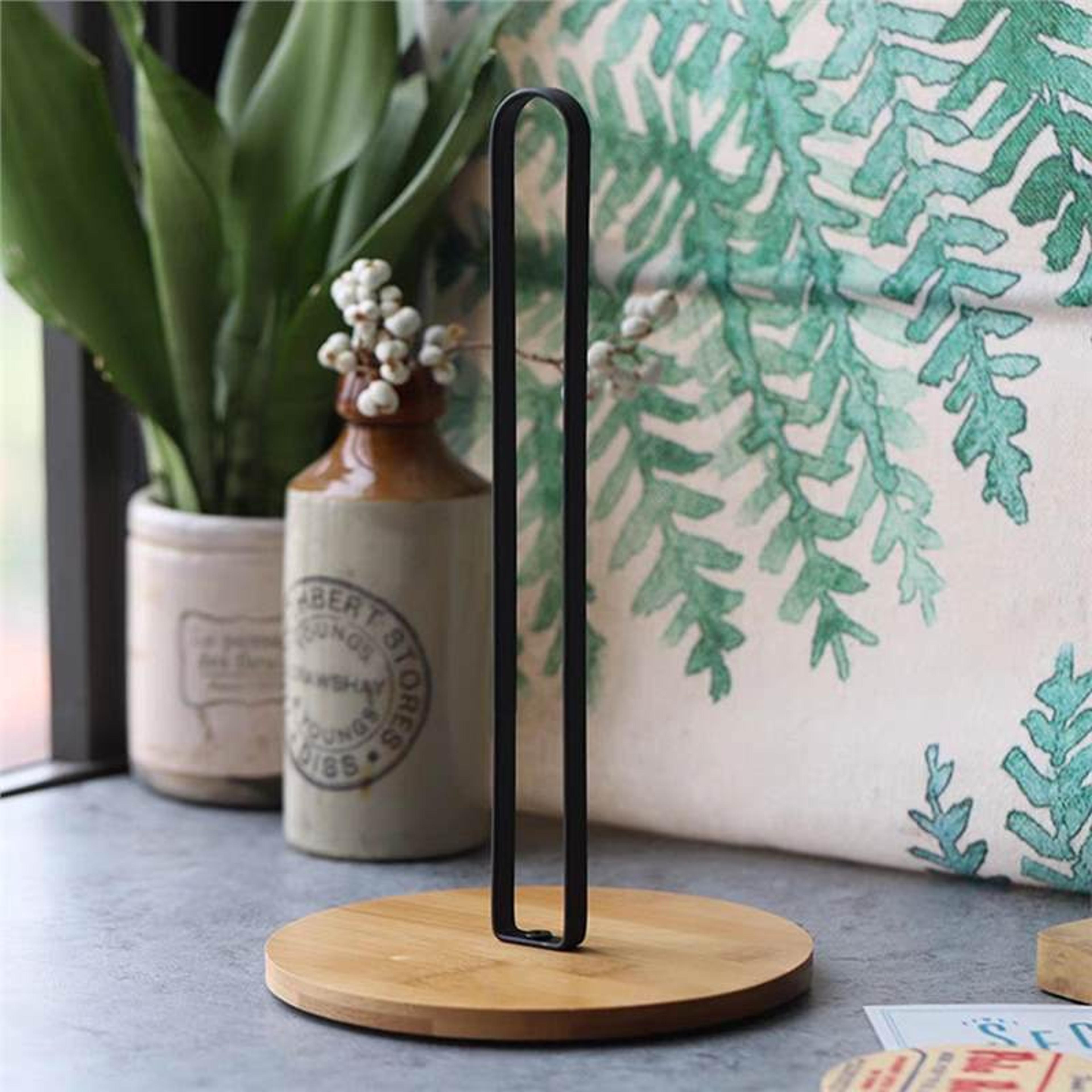 vertical storage rack, nordic style bamboo base paper towel holder for countertop mounting