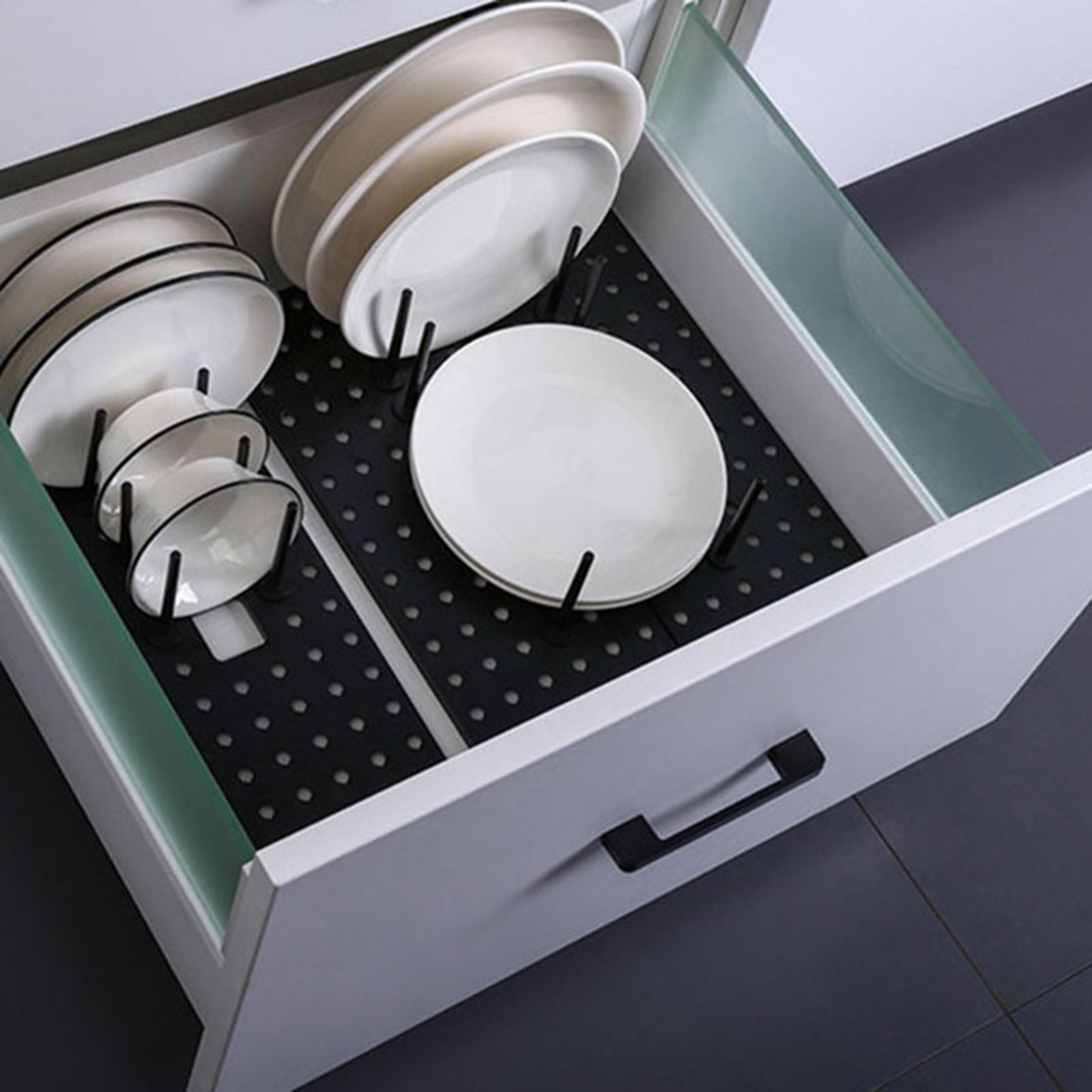 adjustable dish plate storage, pegboard drawer organizers, drawer retractable tableware rack for kitchen