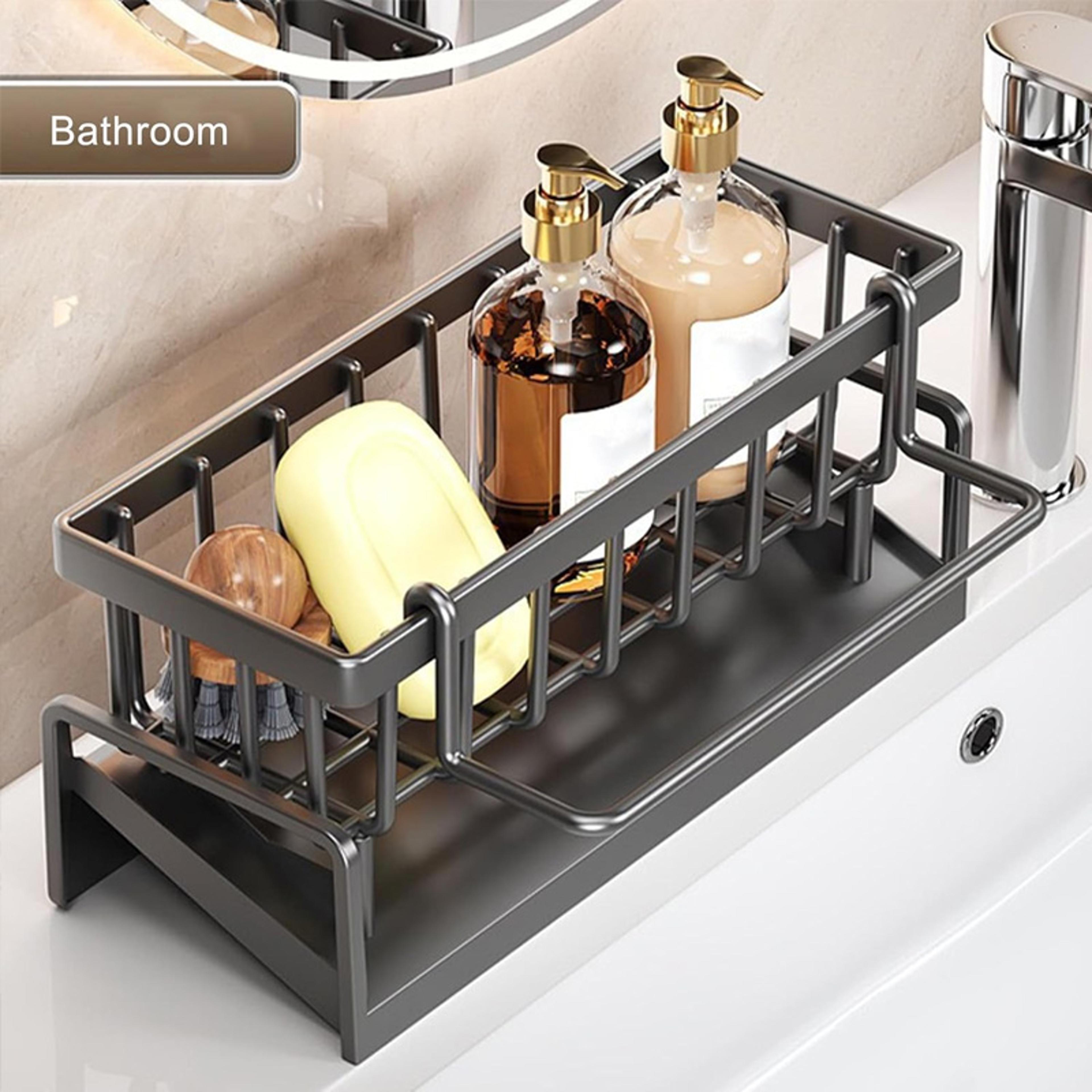 dish soap & scrubber organizer, sponge holder for kitchen sink with drain tray