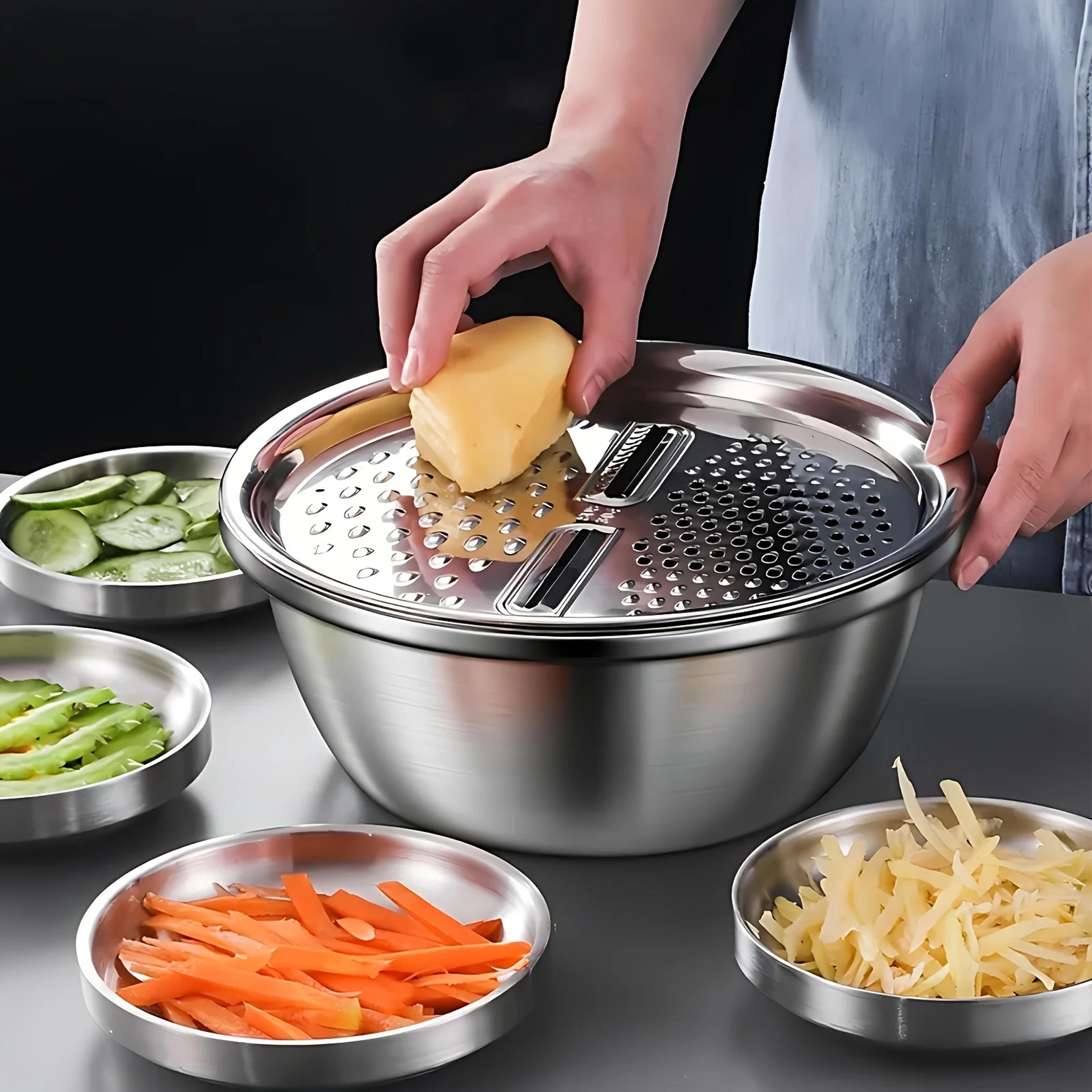 multifunctional vegetable slicer, stainless steel potato slicer, drain basket, and washing basin