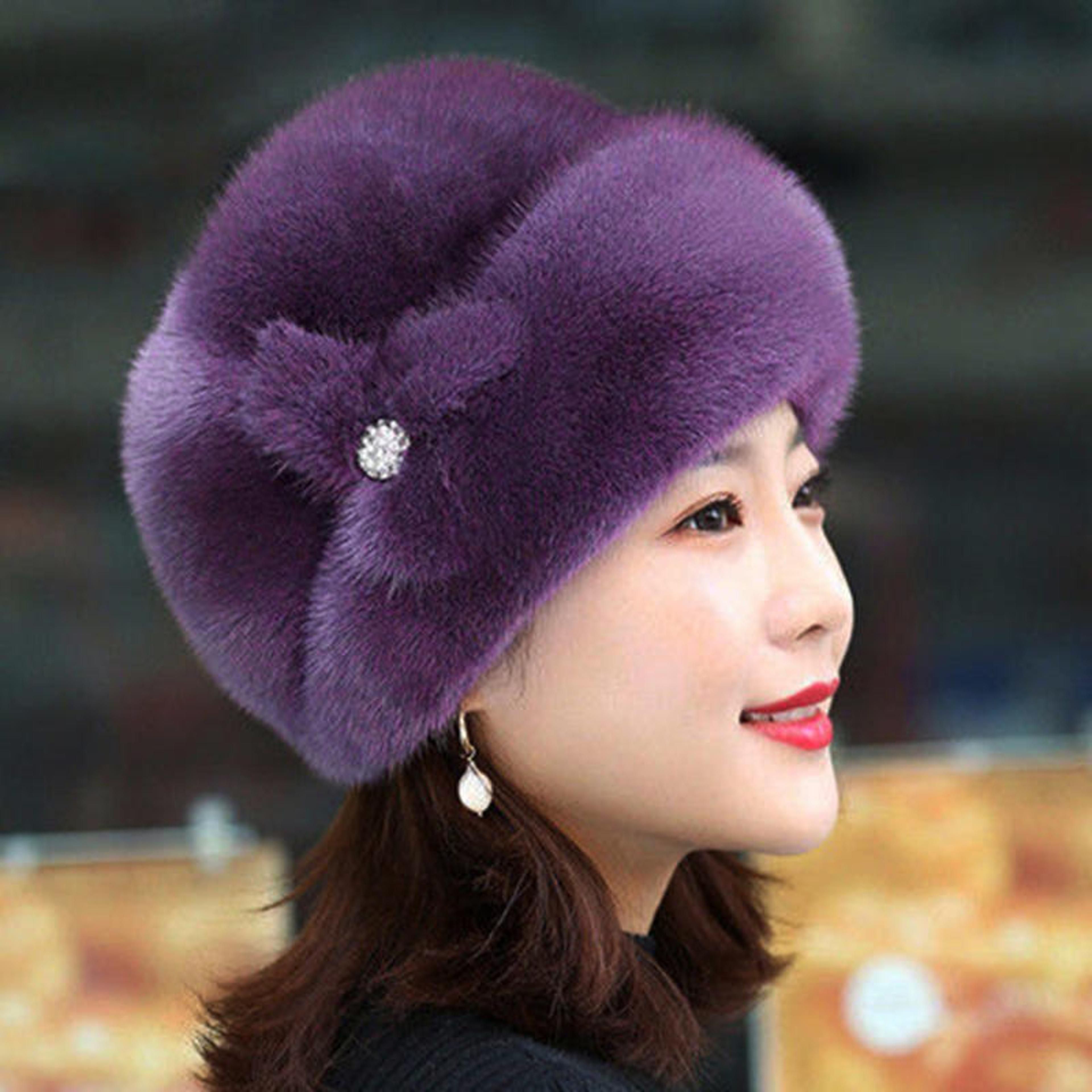 mink fur caps for women, winter earflap fisherman hat, floral basin earwarmer