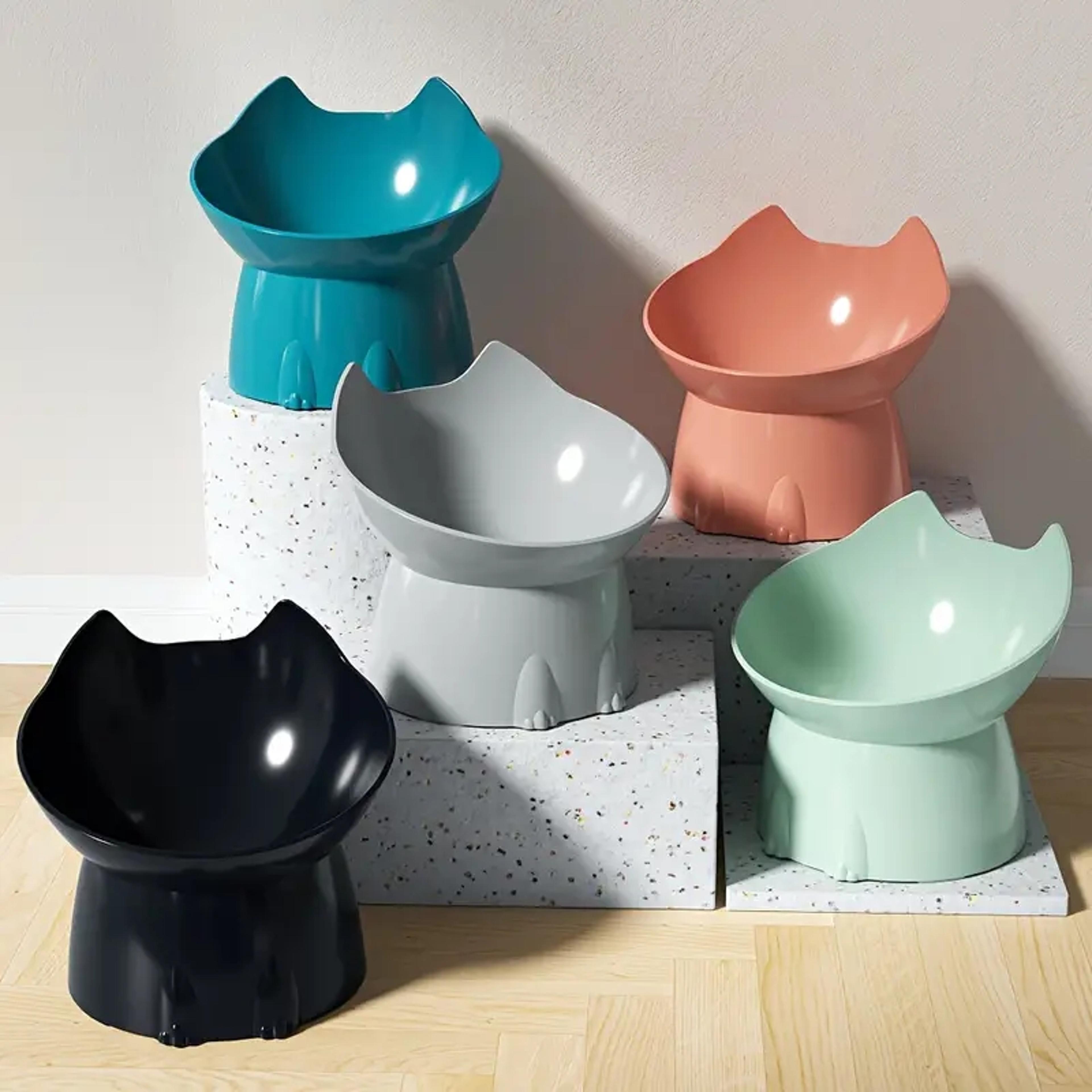 whiskerware elevated cat bowl – anti-tip plastic raised pet feeding dish with tilted edge for neck protection