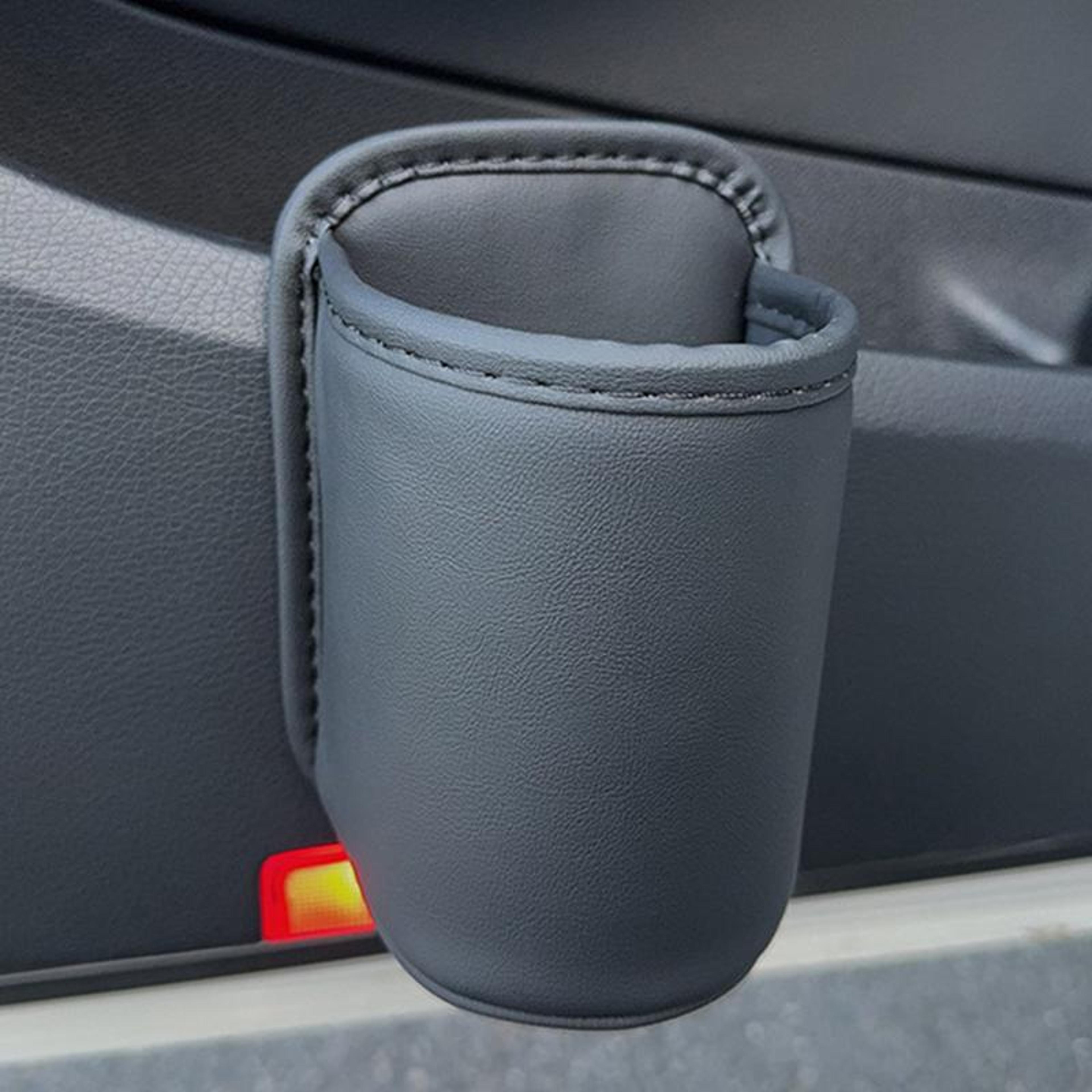 leather car door cup holder organizer with secure clip storage for drinks and phones